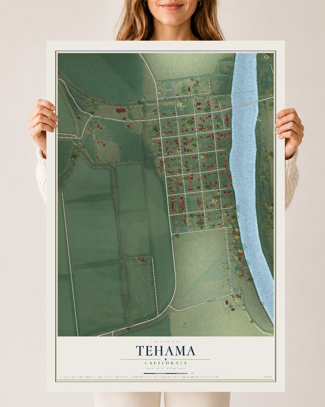 Map of Tehama, California, 24 x 36 inch unframed archival matte print