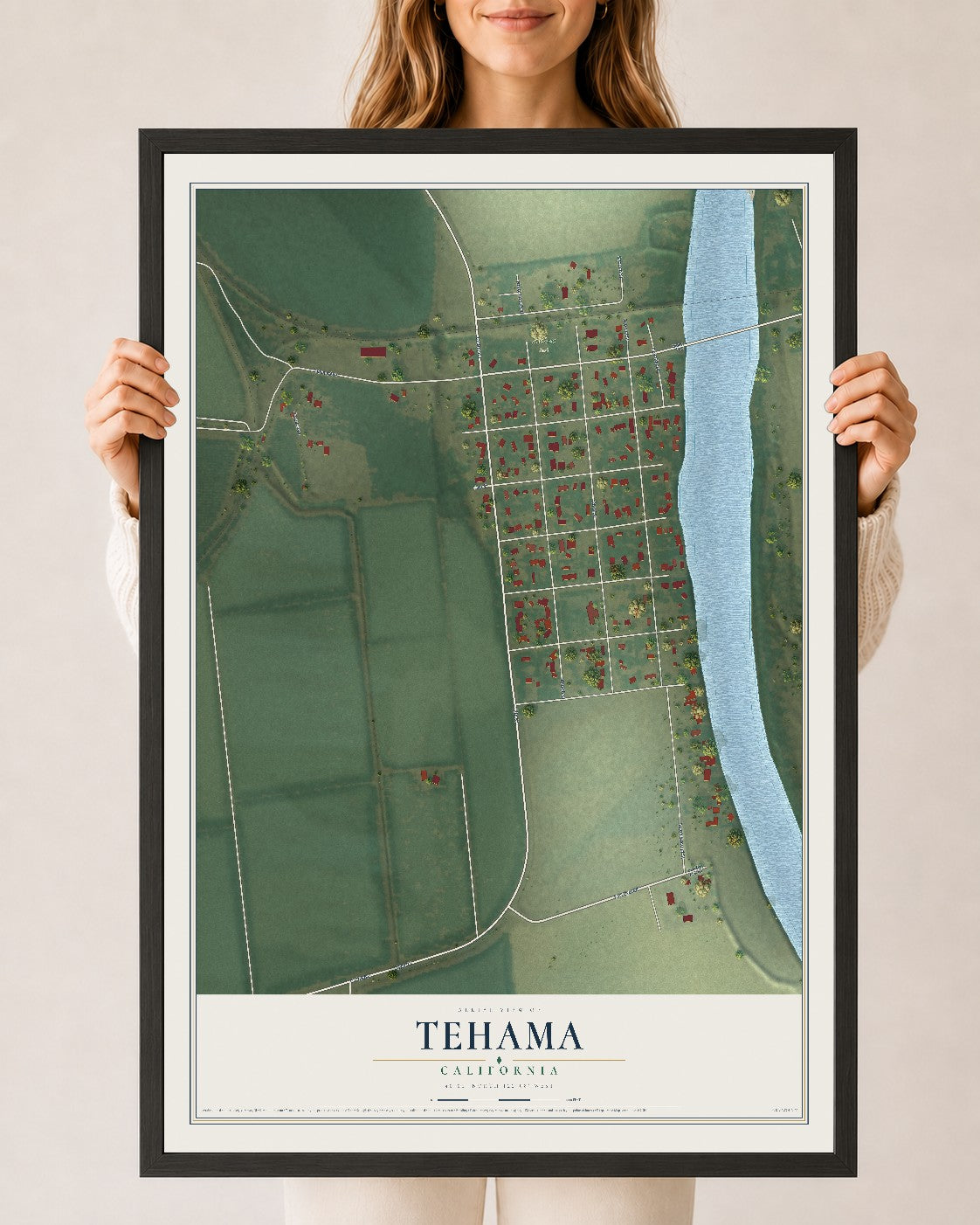 Map of Tehama, California, 24 x 36 inch print in a black wood frame