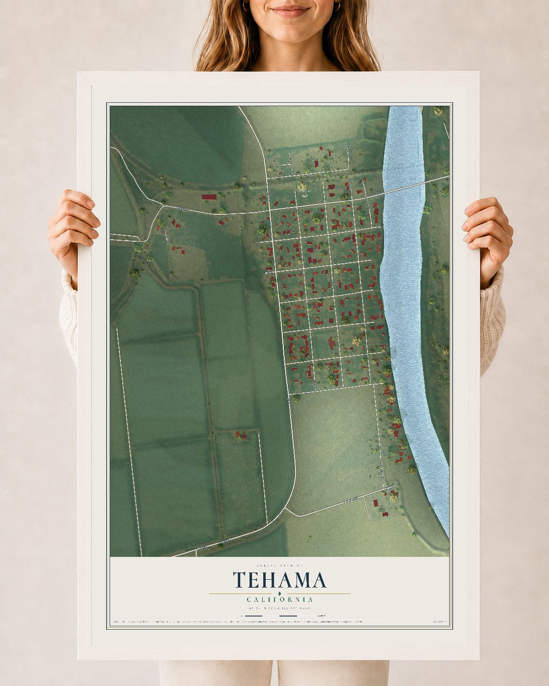 Map of Tehama, California, 24 x 36 inch print in a white wood frame