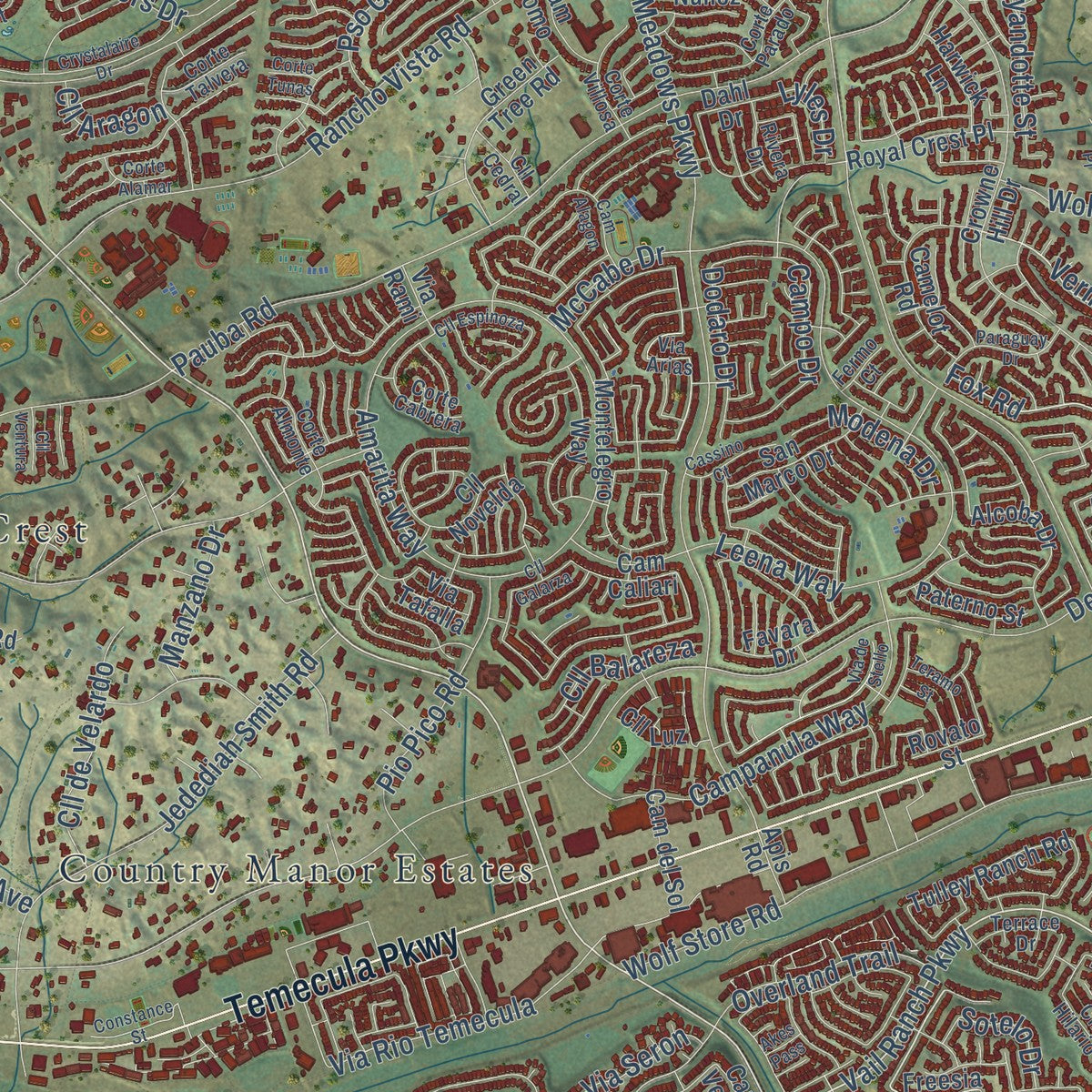 Close-up of the map of Temecula, California print showing street and building detail
