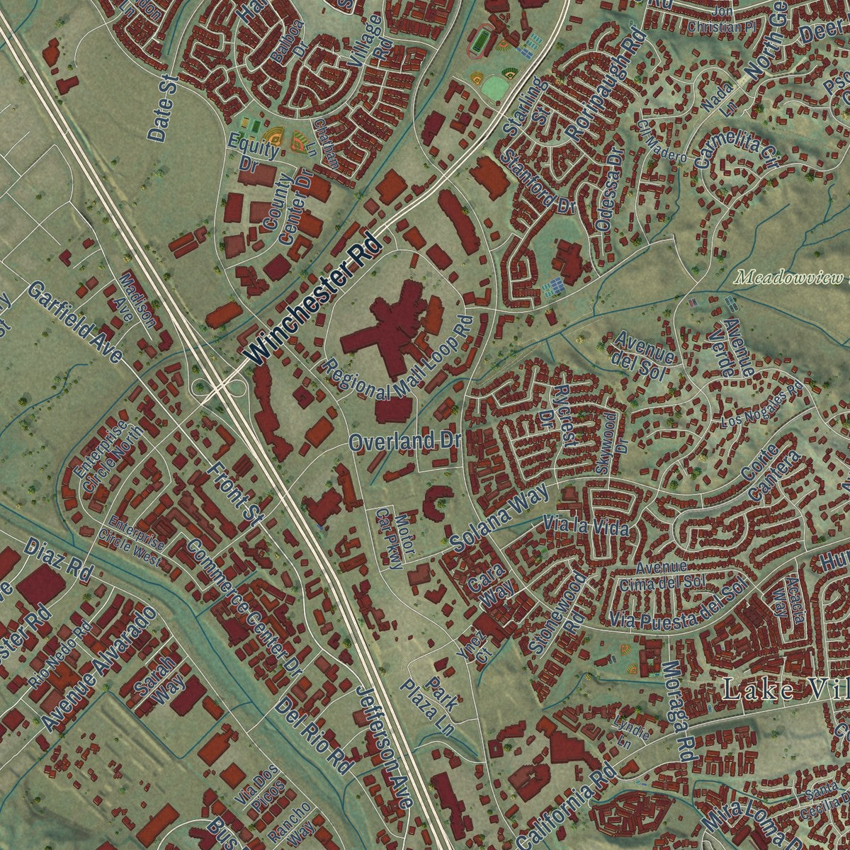 Second close-up of the map of Temecula, California print showing more streets and buildings