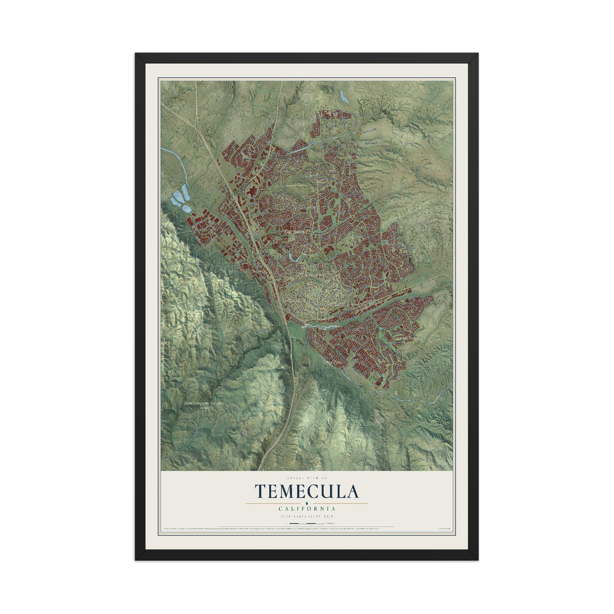 Map of Temecula, California, 12 x 18 inch print in a black wood frame