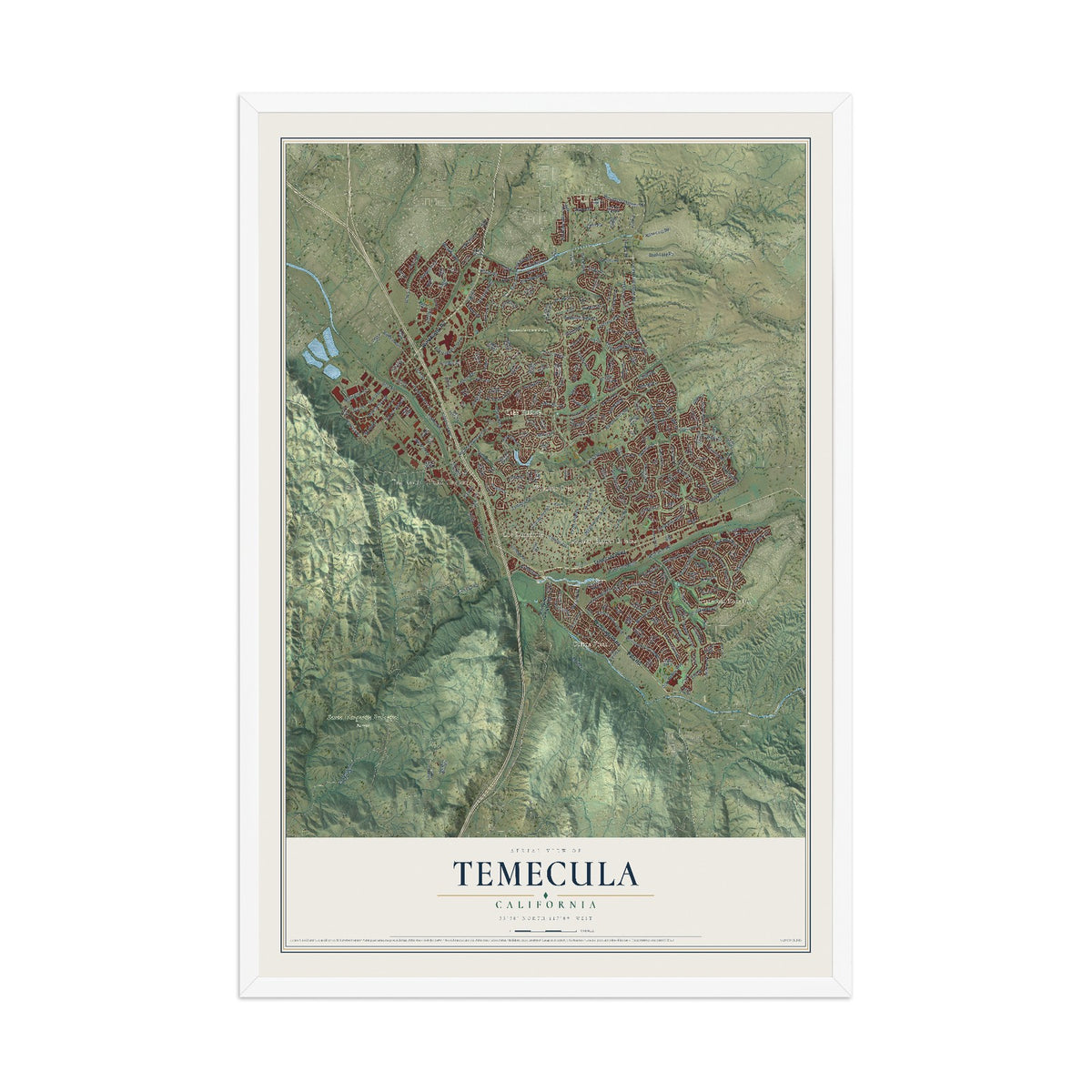 Map of Temecula, California, 12 x 18 inch print in a white wood frame
