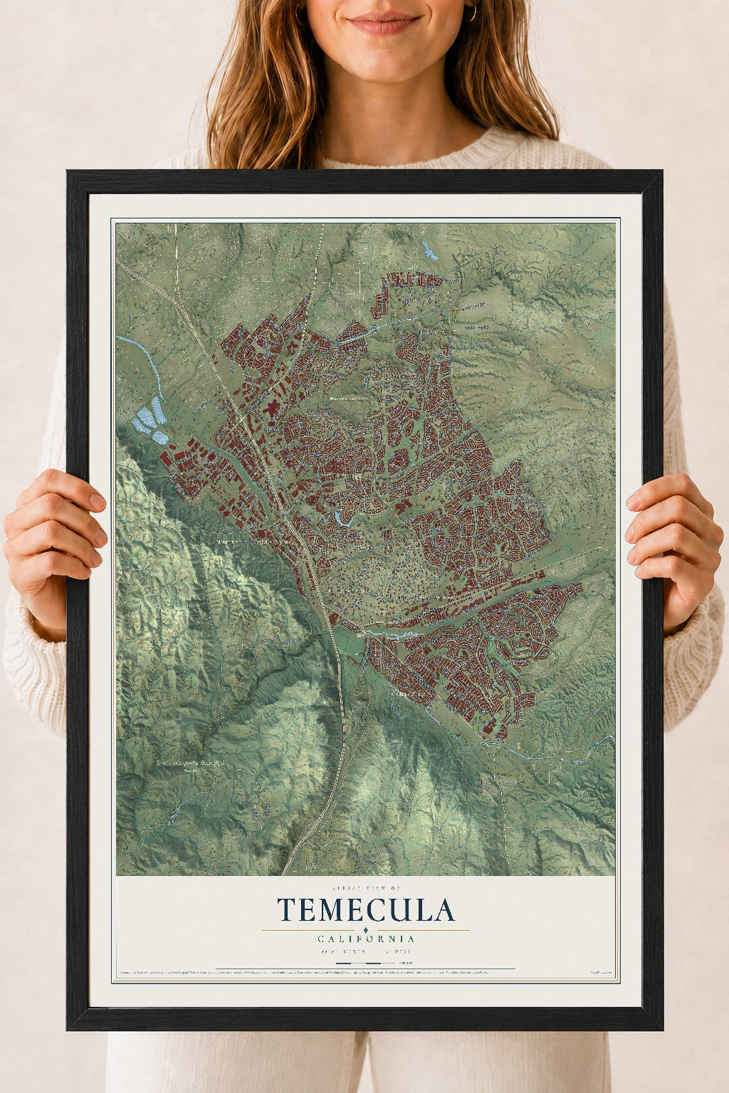 Map of Temecula, California, 18 x 24 inch print in a black wood frame