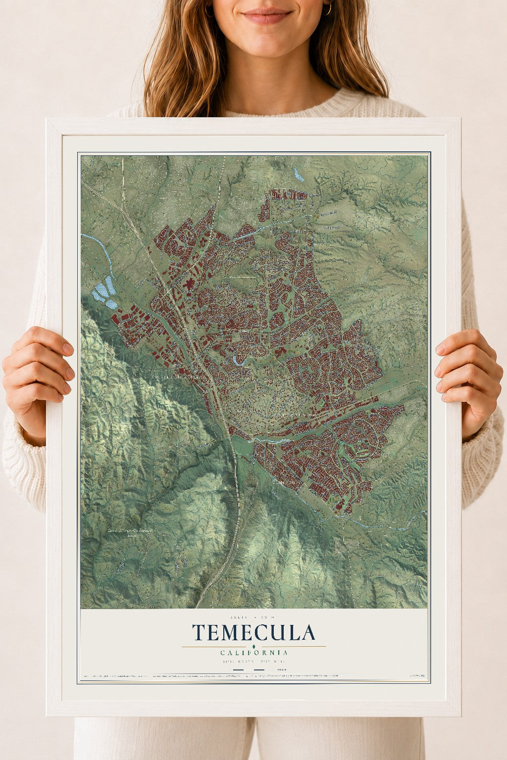 Map of Temecula, California, 18 x 24 inch print in a white wood frame