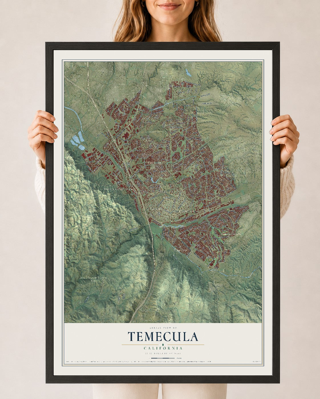 Map of Temecula, California, 24 x 36 inch print in a black wood frame