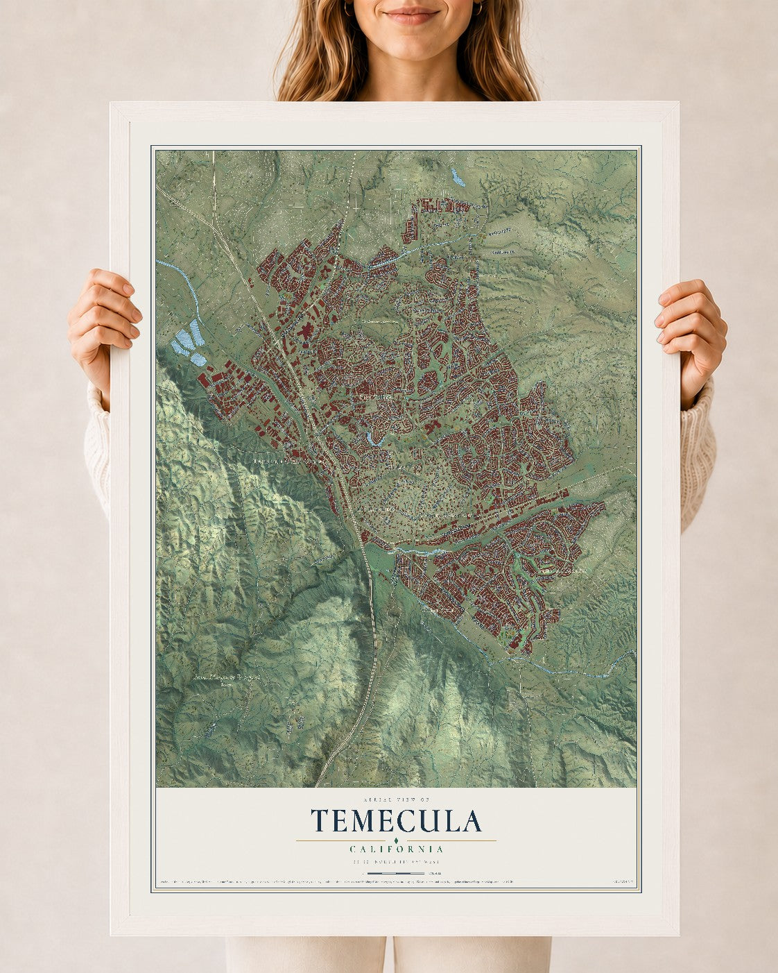 Map of Temecula, California, 24 x 36 inch print in a white wood frame