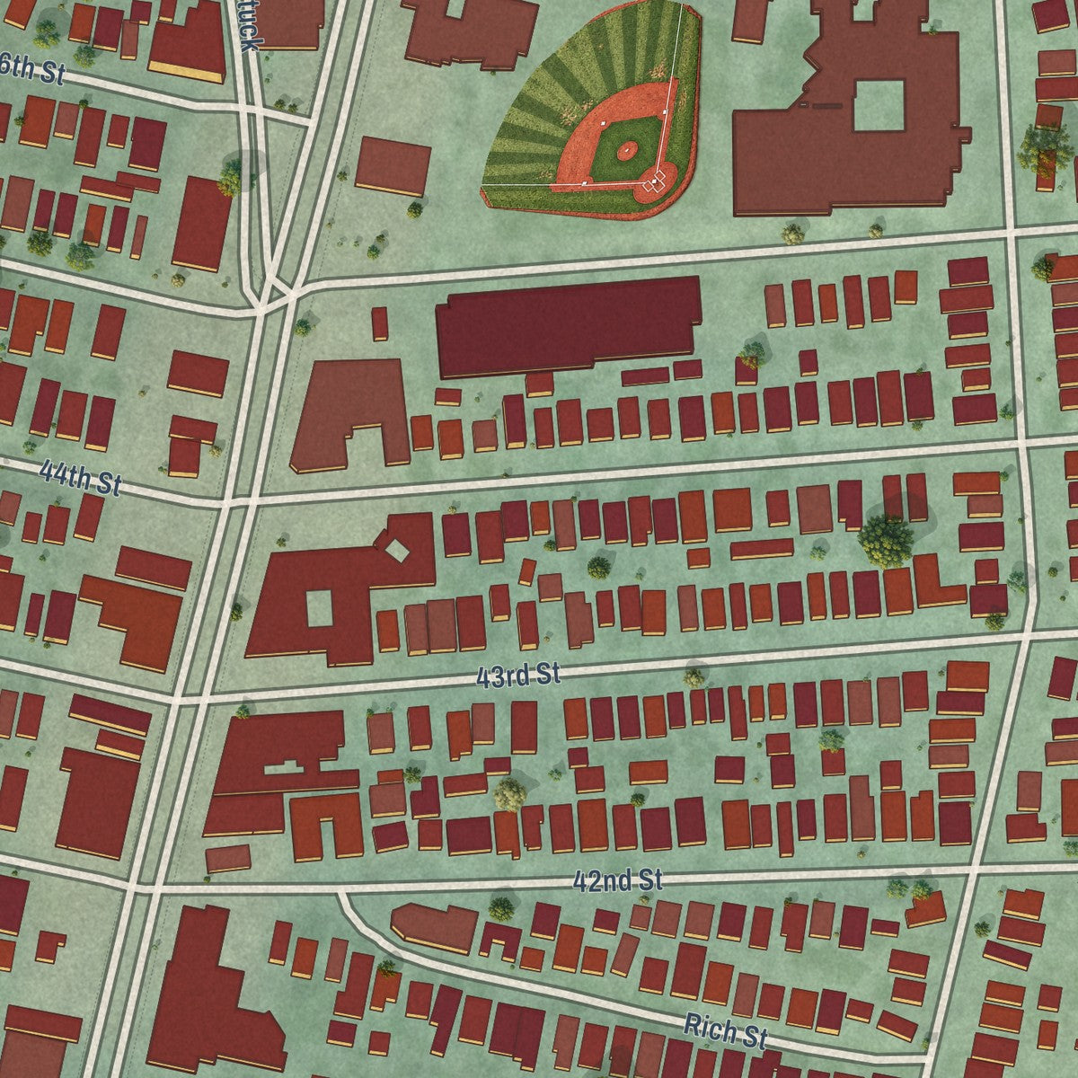 Close-up of the map of Temescal, California print showing street and building detail