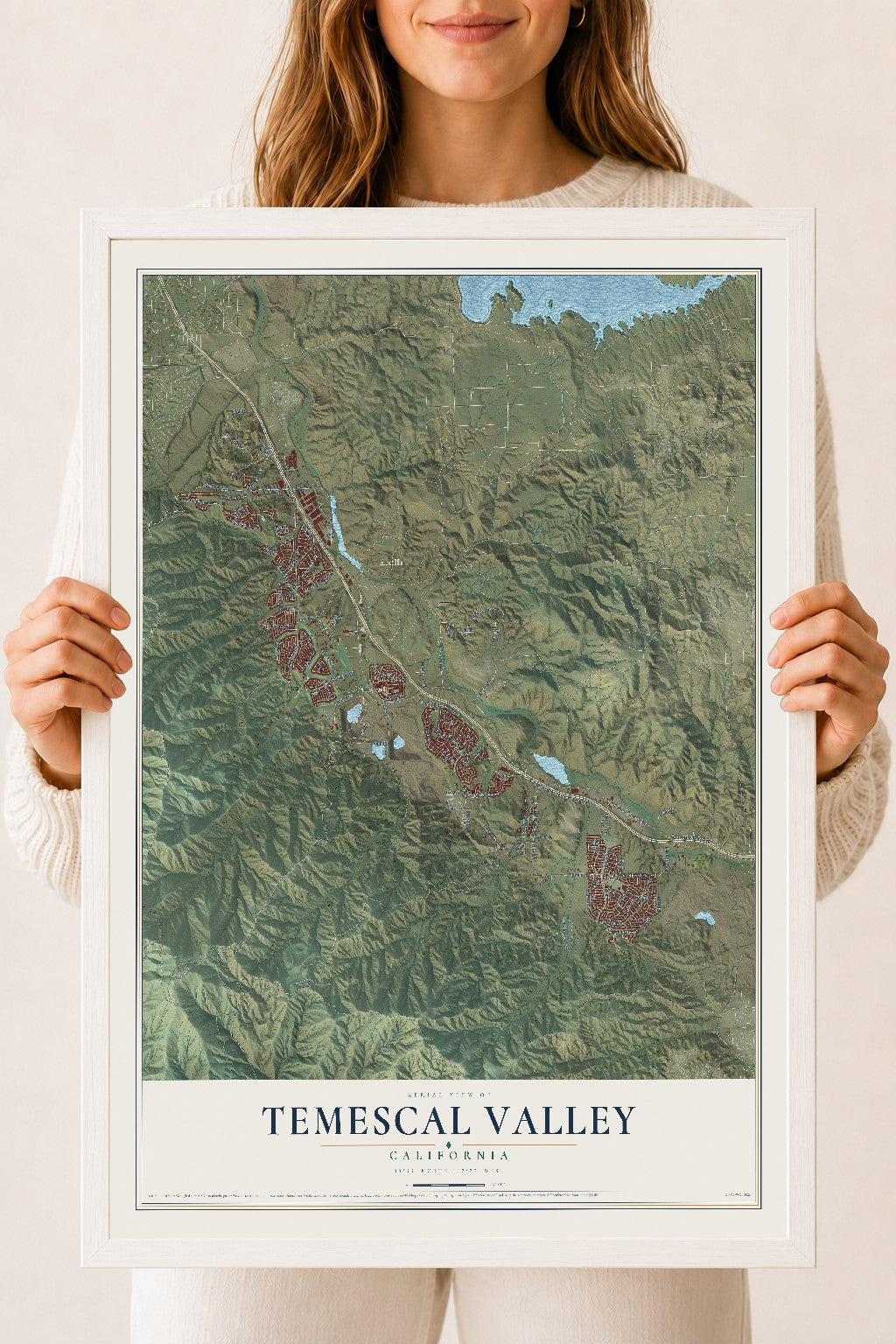 Map of Temescal Valley, California, 18 x 24 inch print in a white wood frame