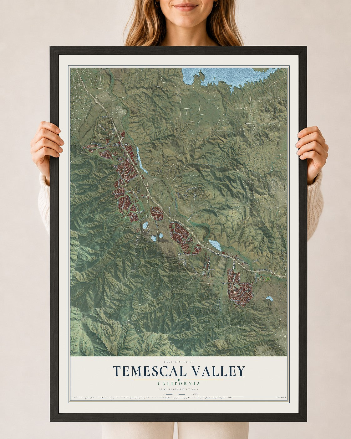 Map of Temescal Valley, California, 24 x 36 inch print in a black wood frame