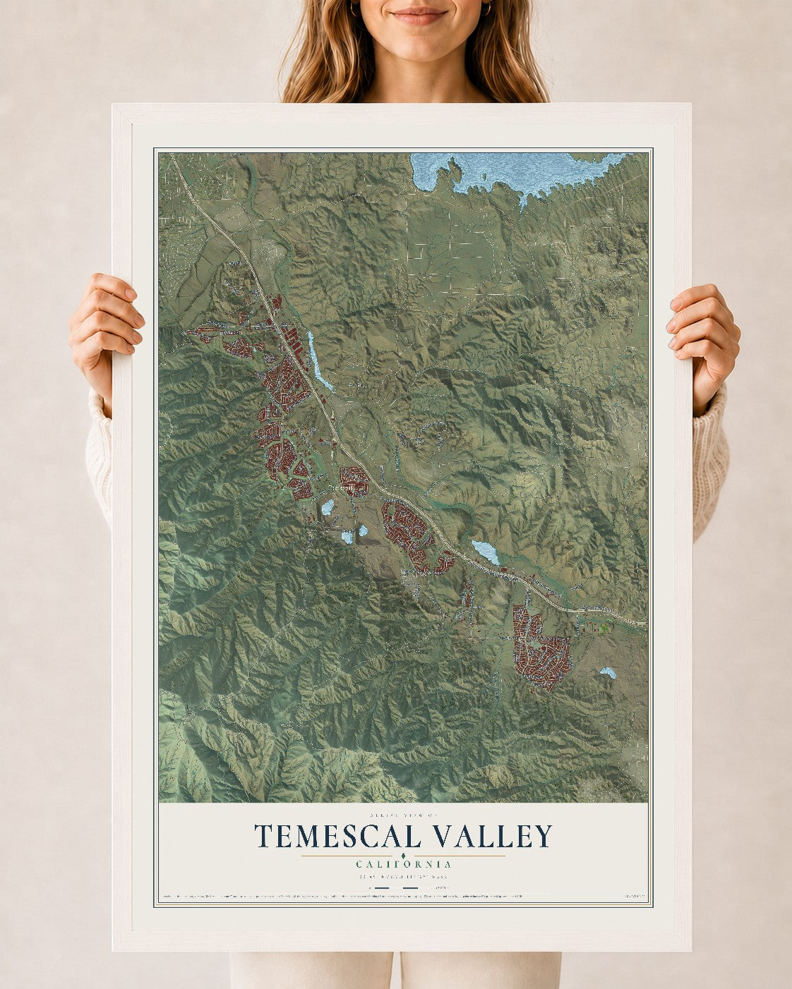 Map of Temescal Valley, California, 24 x 36 inch print in a white wood frame