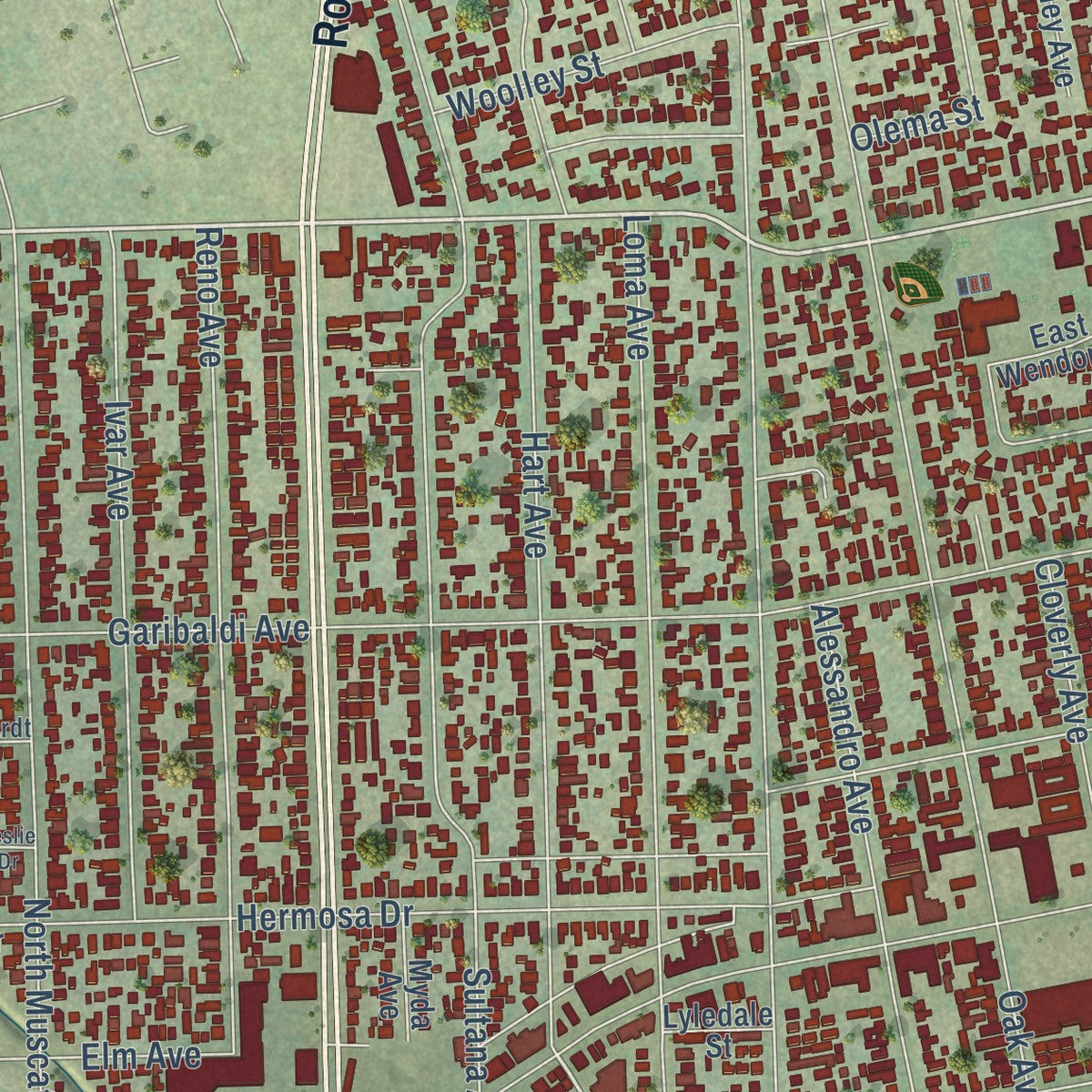 Close-up of the map of Temple City, California print showing street and building detail