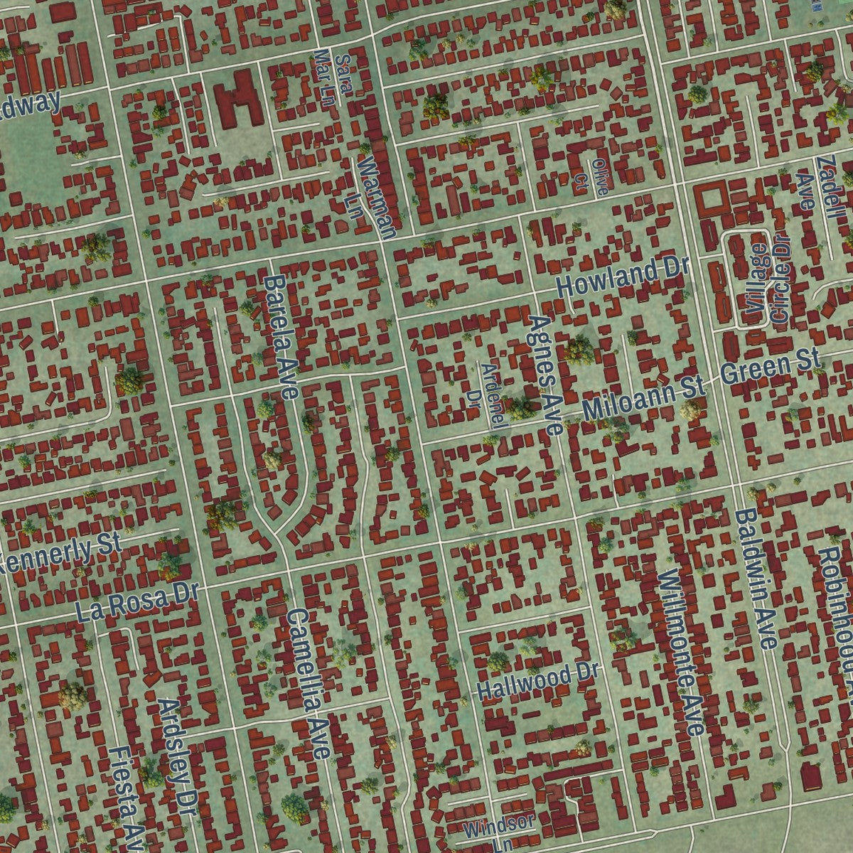 Second close-up of the map of Temple City, California print showing more streets and buildings
