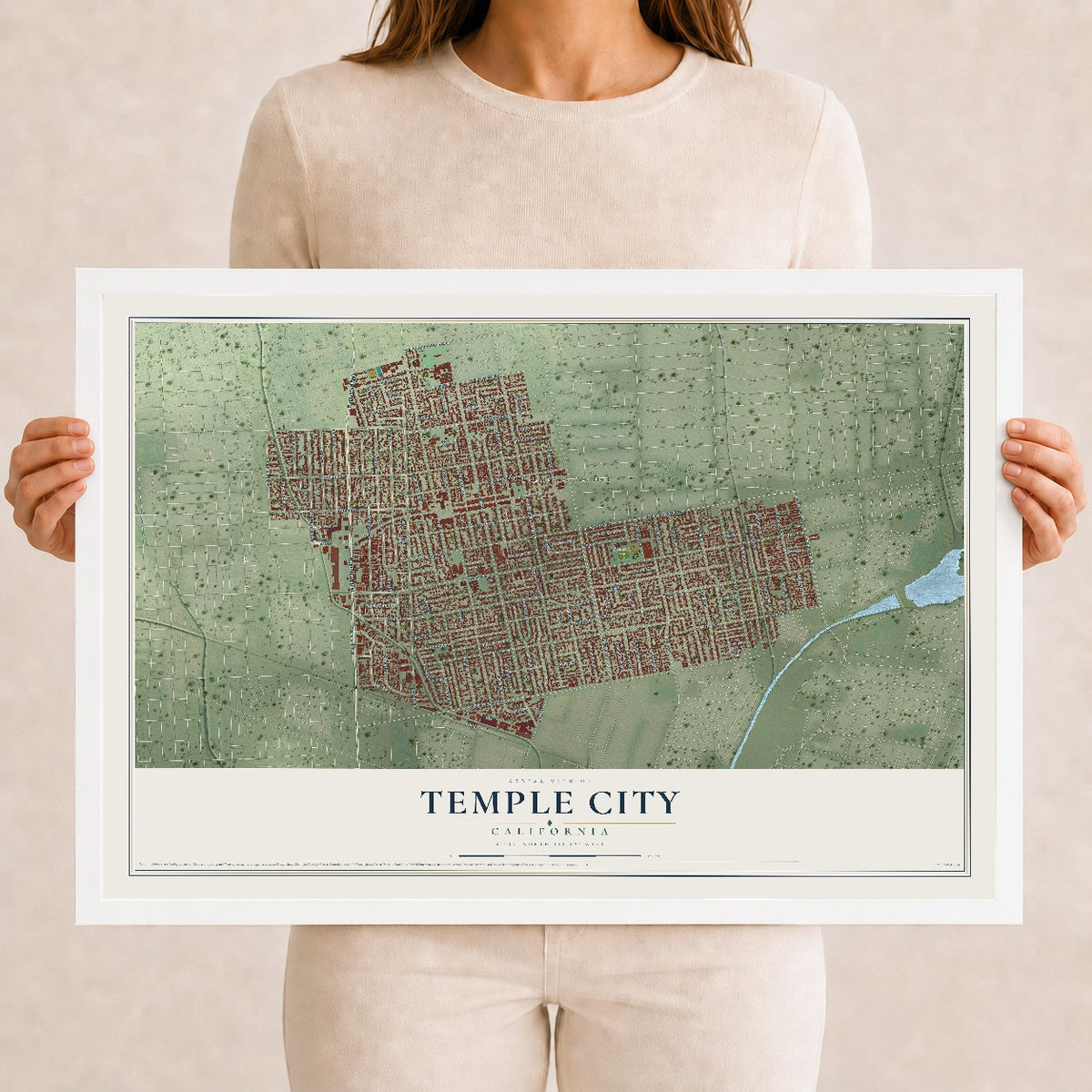 Map of Temple City, California, 12 x 18 inch print in a white wood frame