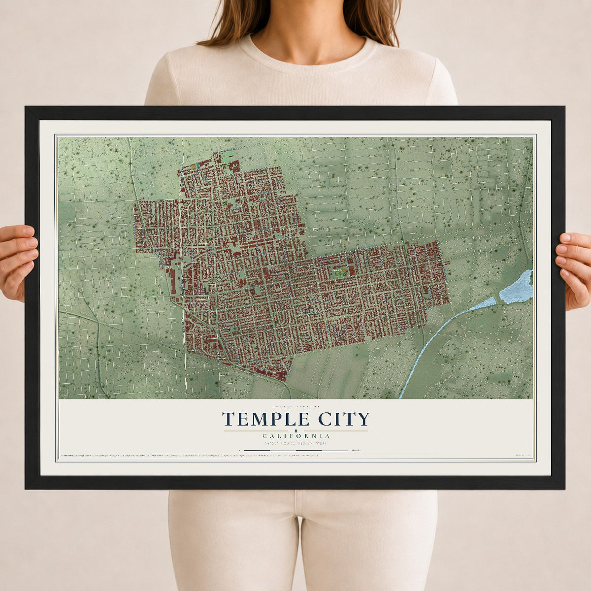 Map of Temple City, California, 18 x 24 inch print in a black wood frame