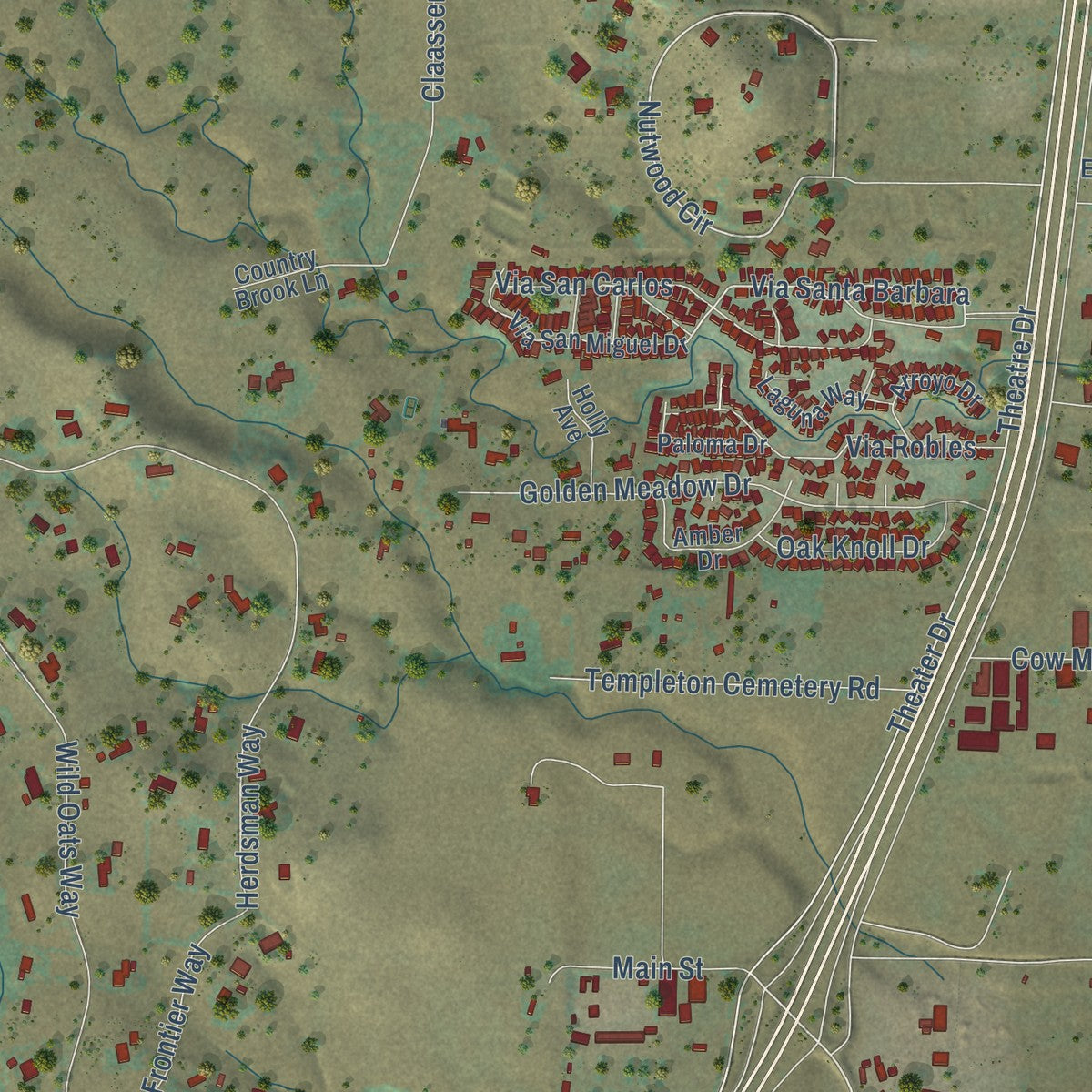 Second close-up of the map of Templeton, California print showing more streets and buildings