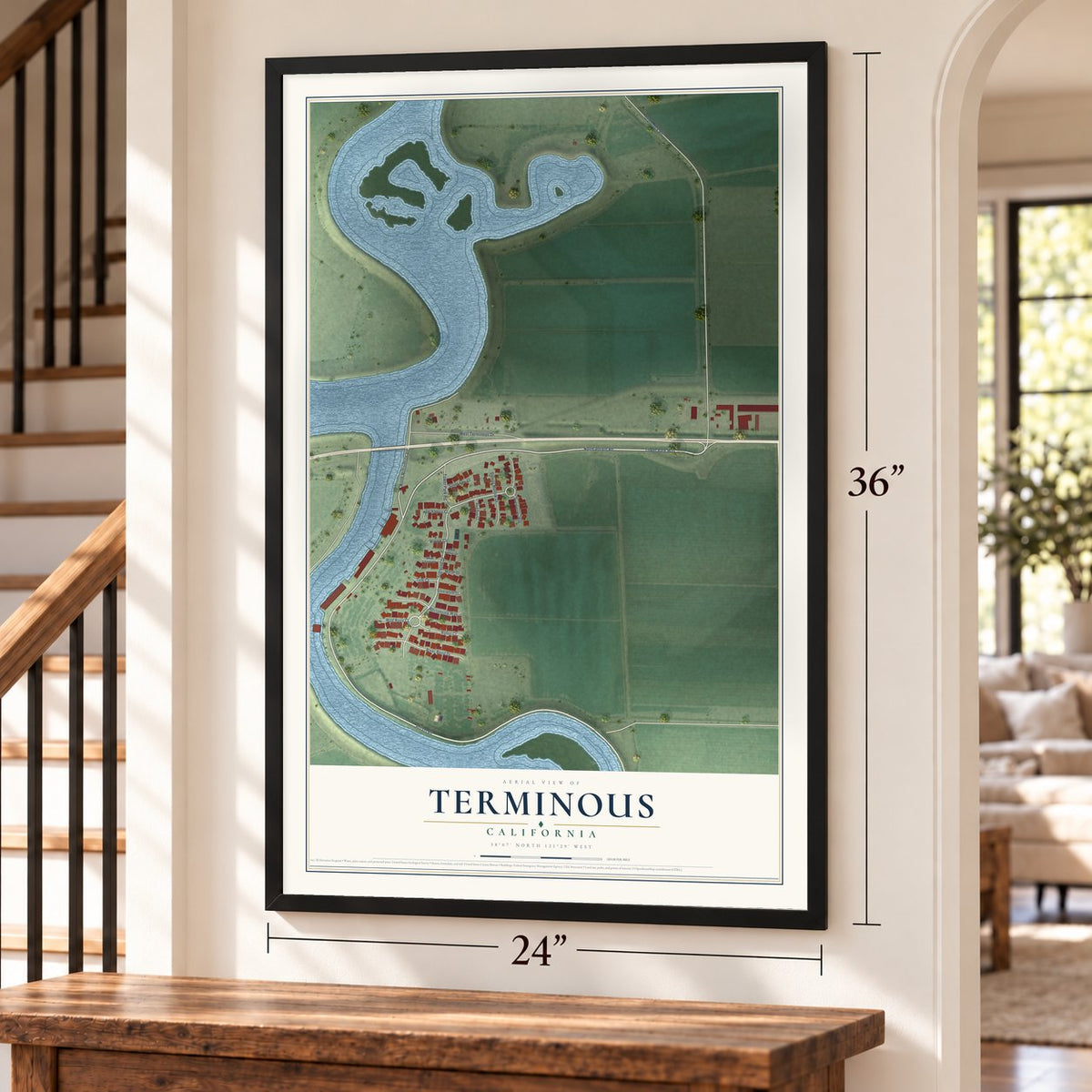 Terminous, California map, 24 x 36 inch print in a black frame by a staircase