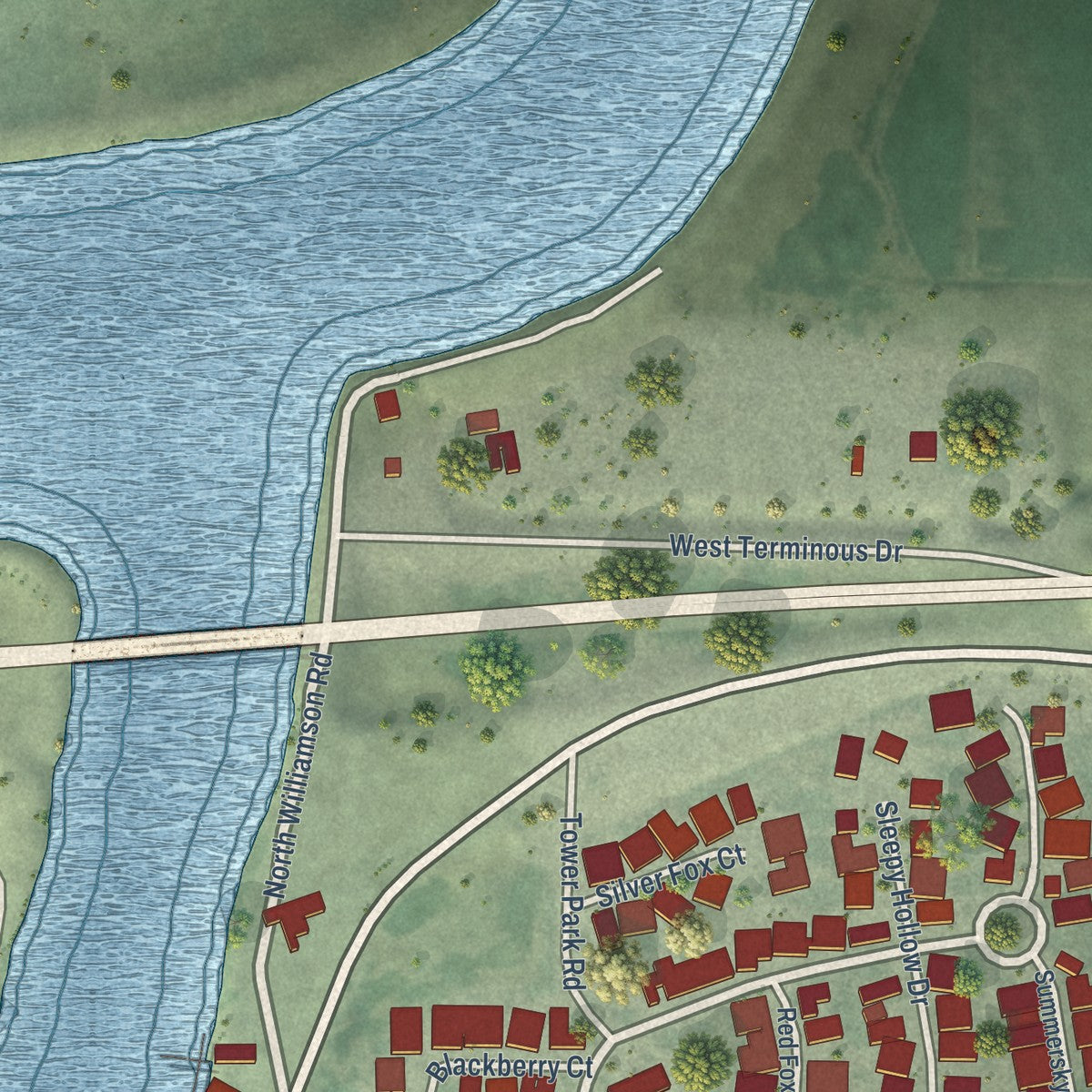 Close-up of the map of Terminous, California print showing street and building detail