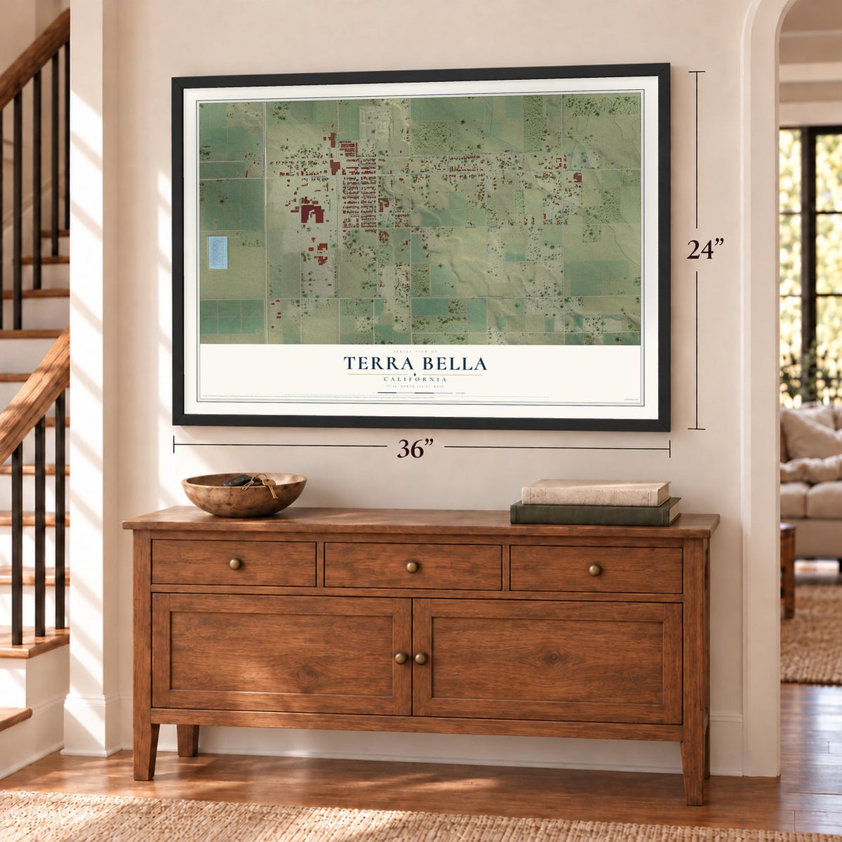 Terra Bella, California map, 24 x 36 inch print in a black frame above a dresser by a staircase