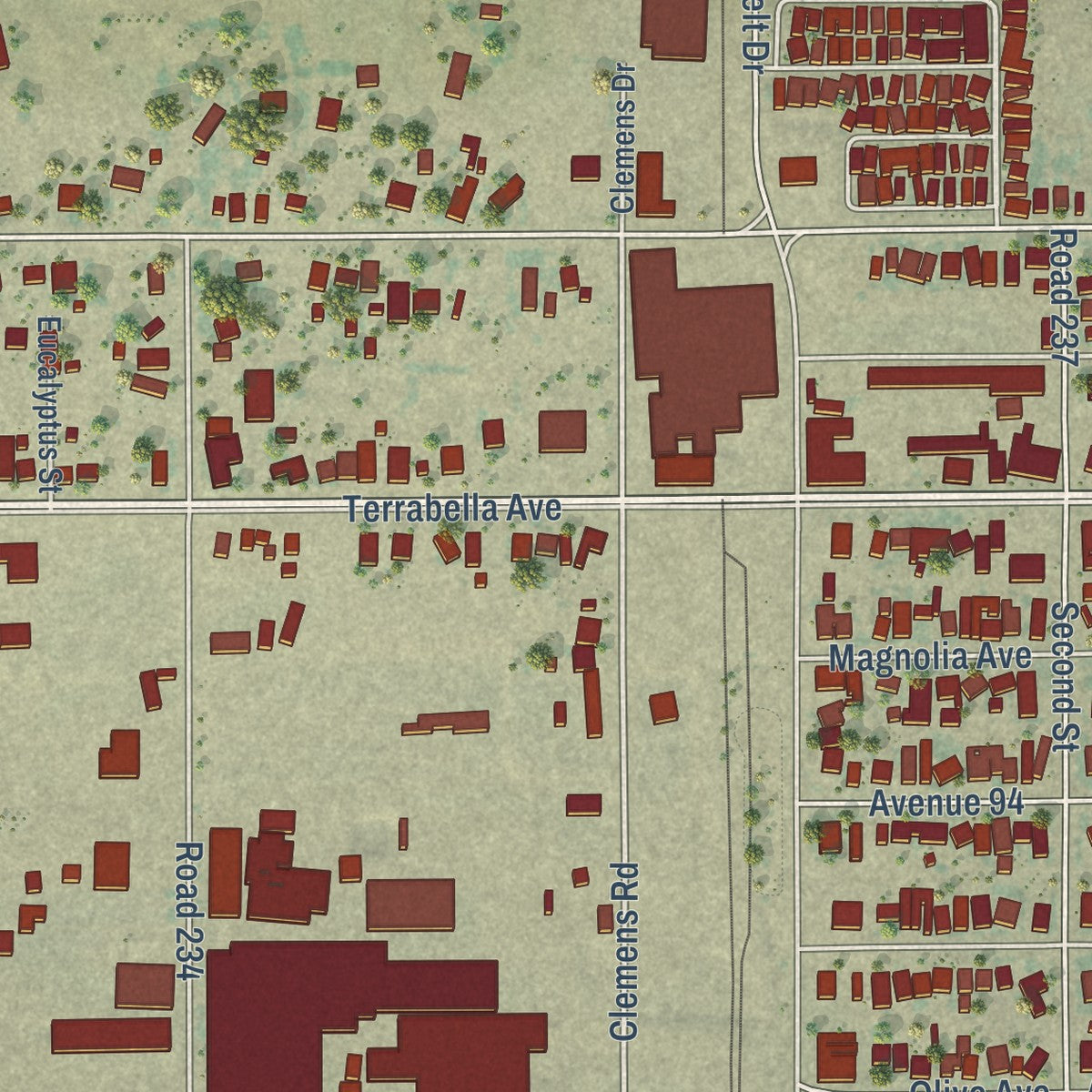 Close-up of the map of Terra Bella, California print showing street and building detail