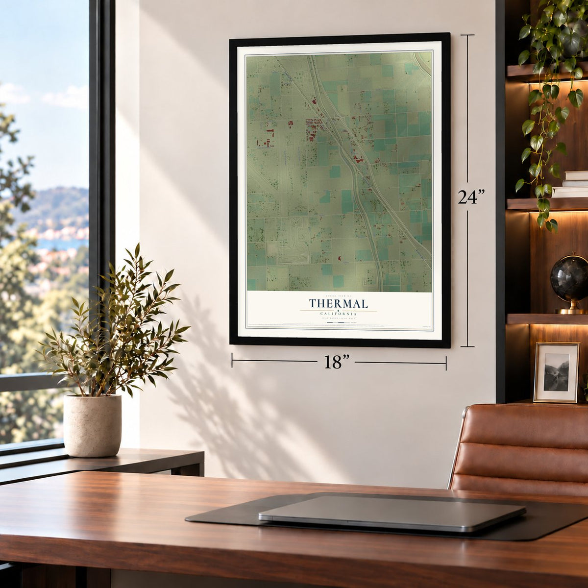 Thermal, California map, 18 x 24 inch print in a black frame in a home office