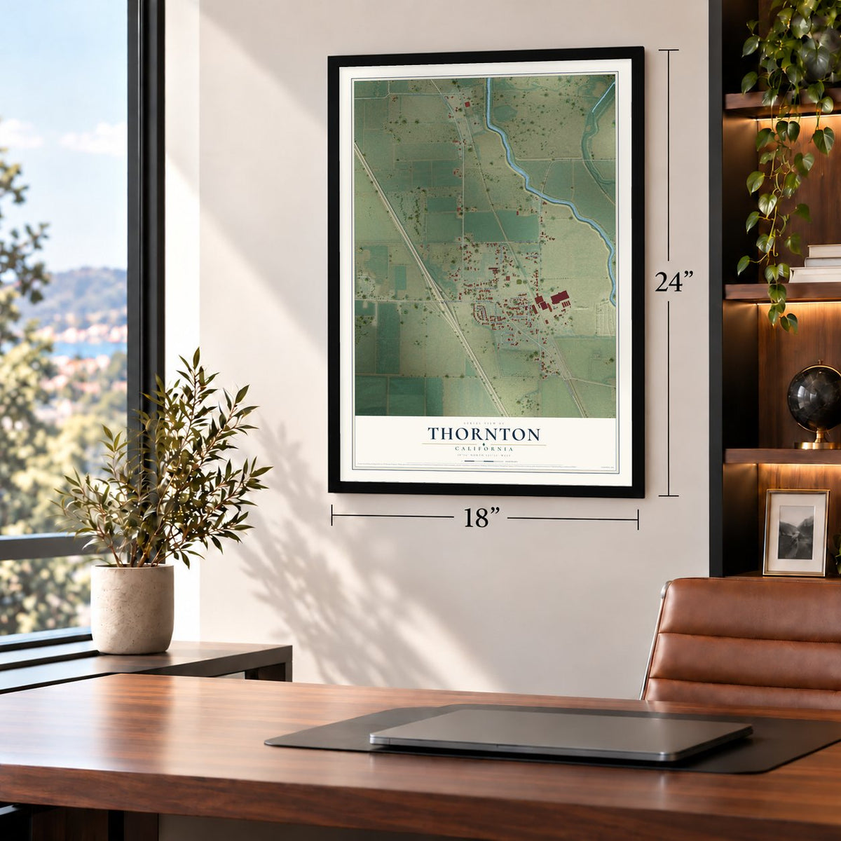 Thornton, California map, 18 x 24 inch print in a black frame in a home office