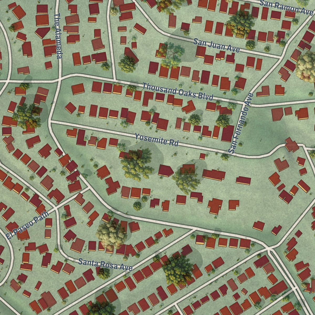 Close-up of the map of Thousand Oaks, Berkeley, California print showing street and building detail