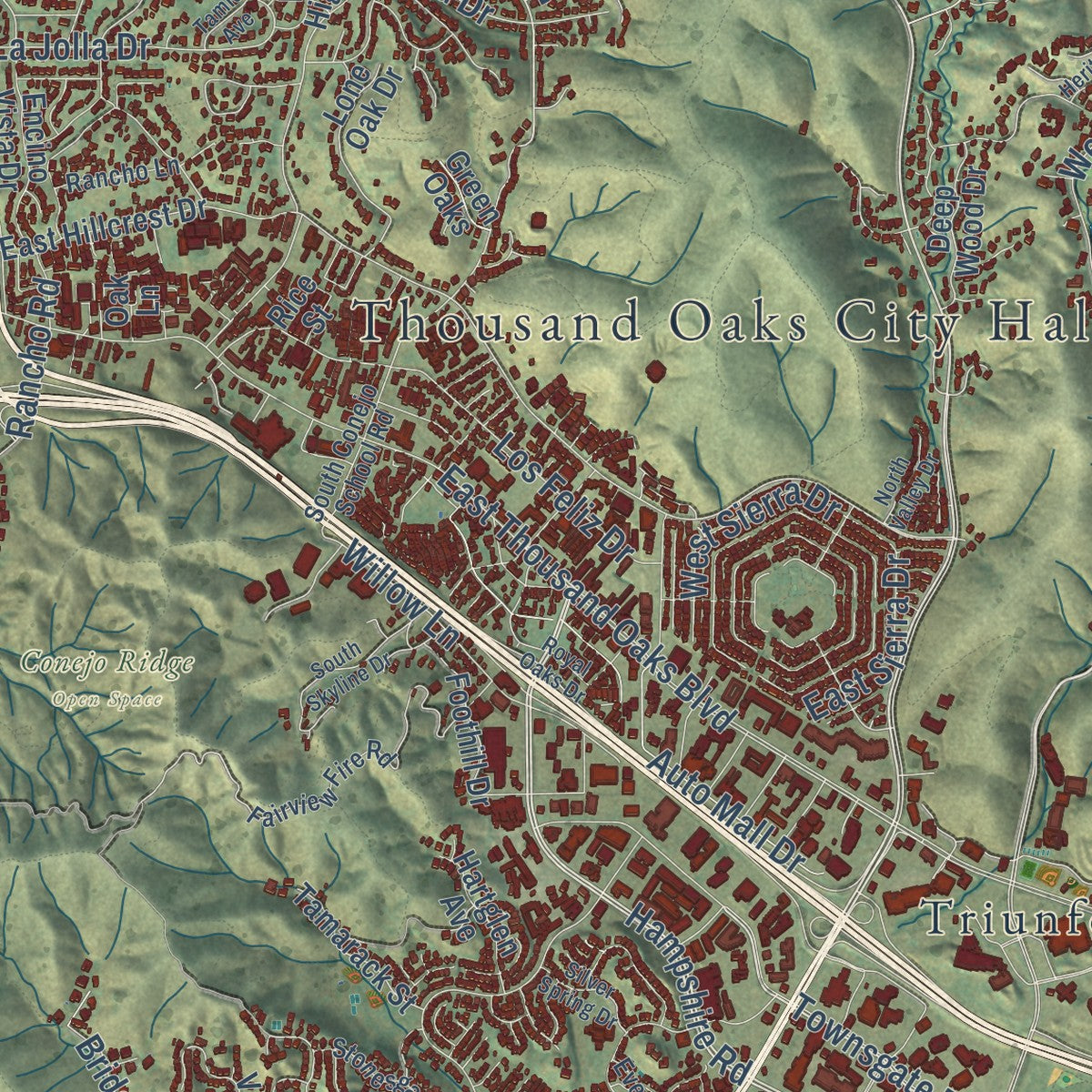 Close-up of the map of Thousand Oaks, California print showing street and building detail