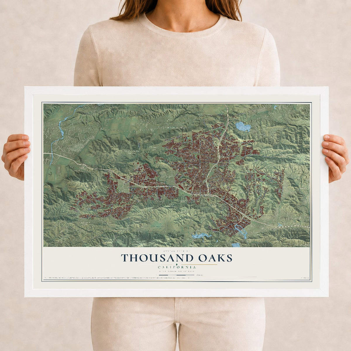 Map of Thousand Oaks, California, 12 x 18 inch print in a white wood frame