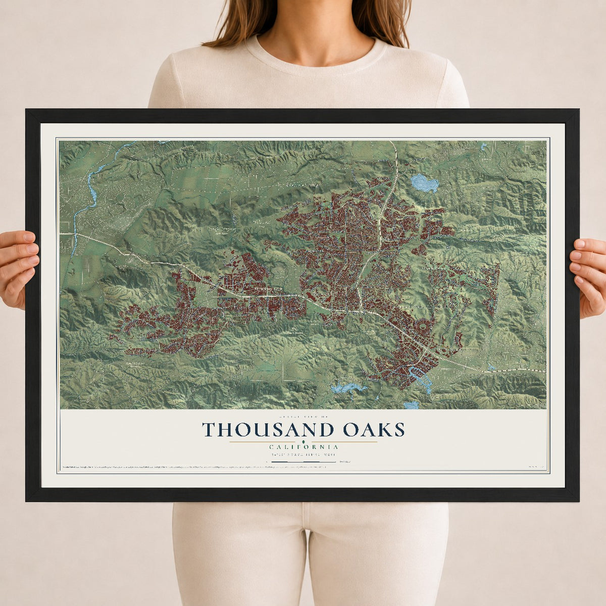 Map of Thousand Oaks, California, 18 x 24 inch print in a black wood frame