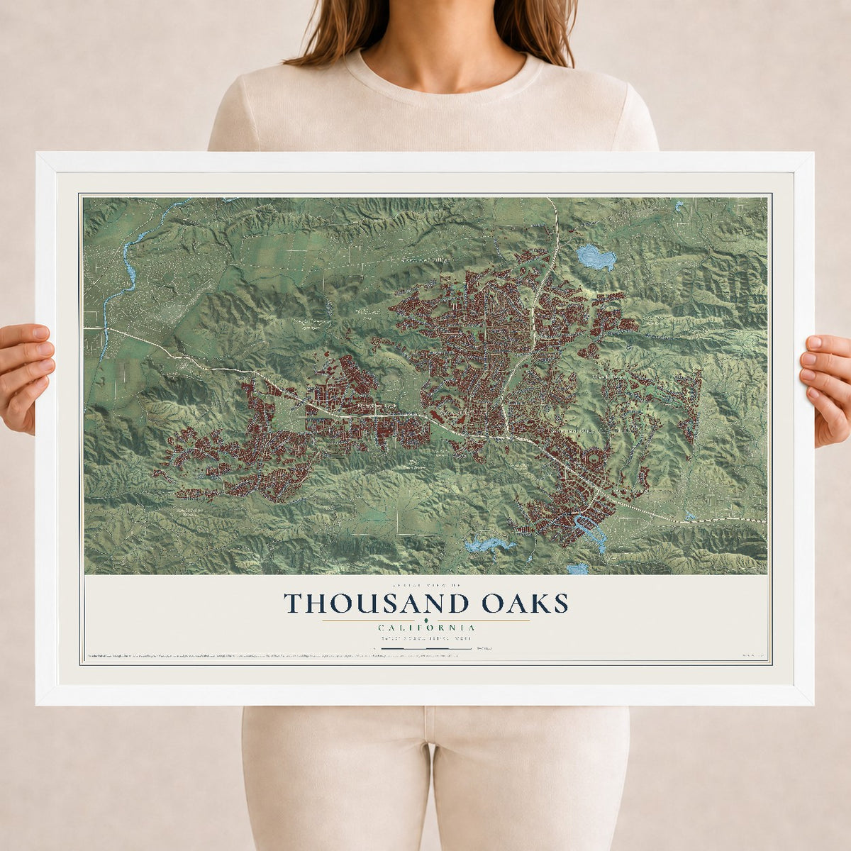 Map of Thousand Oaks, California, 18 x 24 inch print in a white wood frame