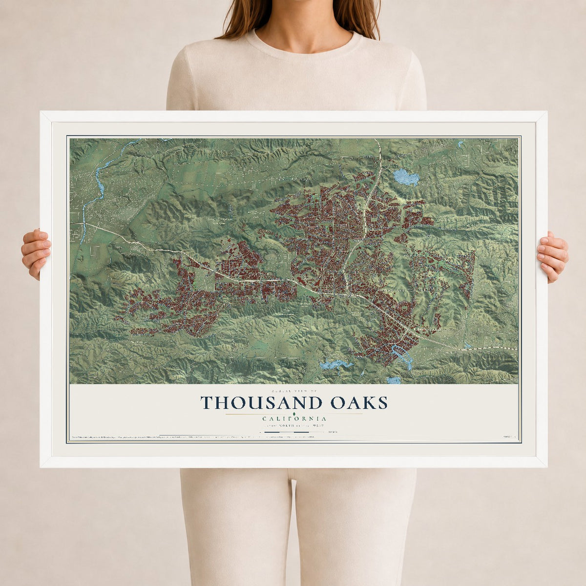 Map of Thousand Oaks, California, 24 x 36 inch print in a white wood frame