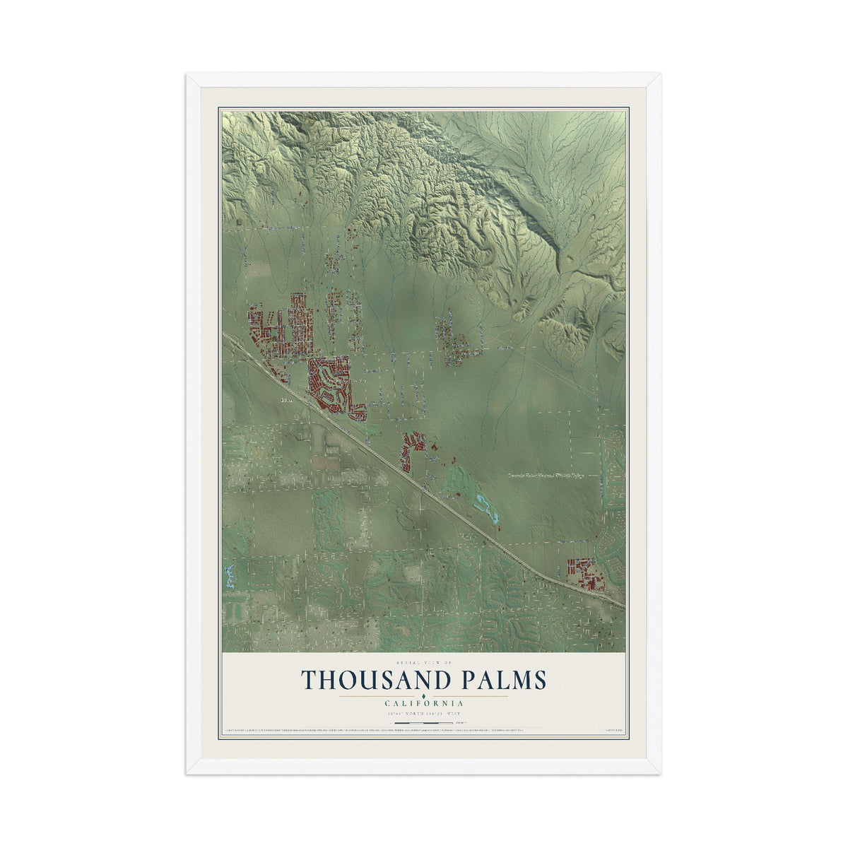 Map of Thousand Palms, California, 12 x 18 inch print in a white wood frame