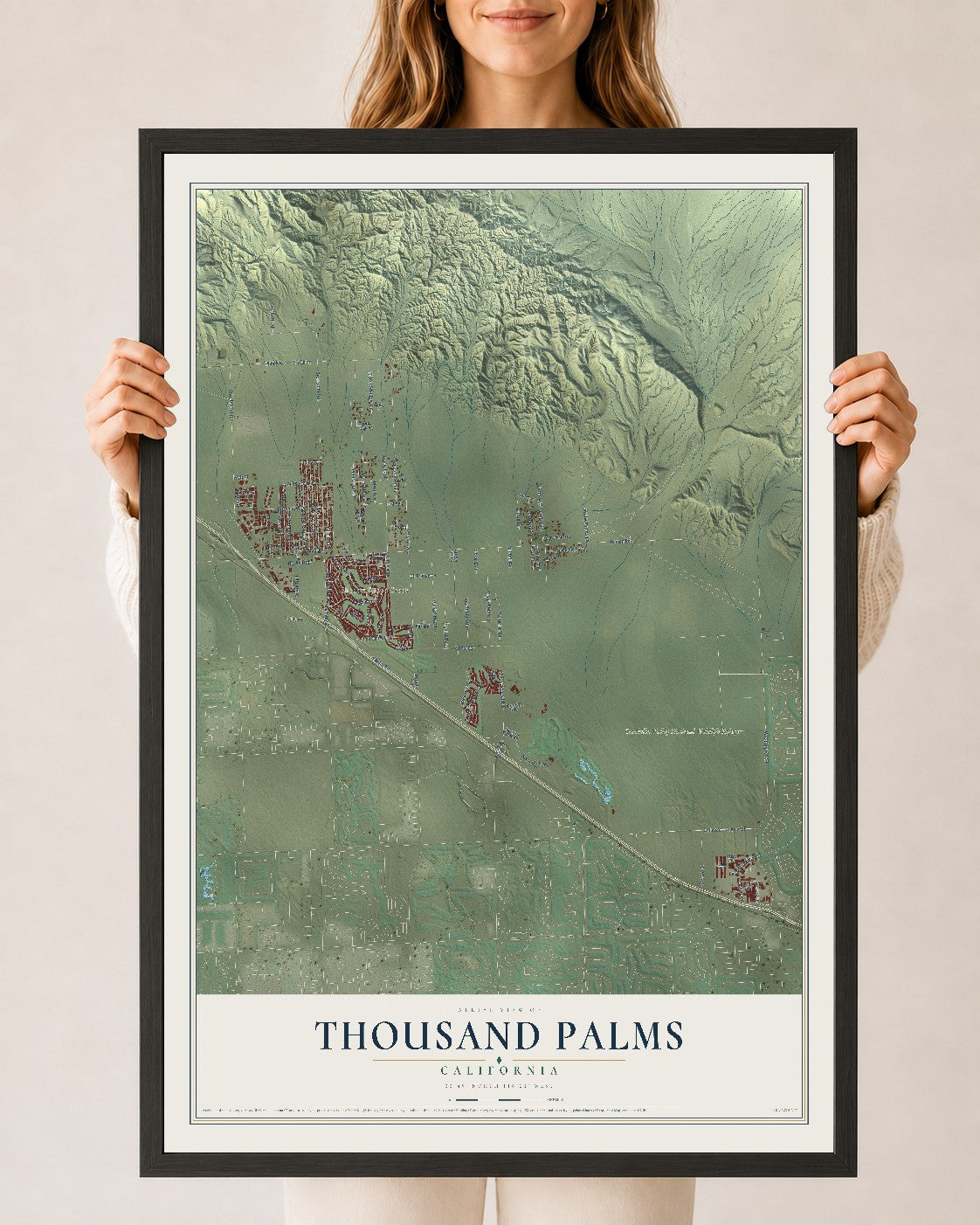 Map of Thousand Palms, California, 24 x 36 inch print in a black wood frame