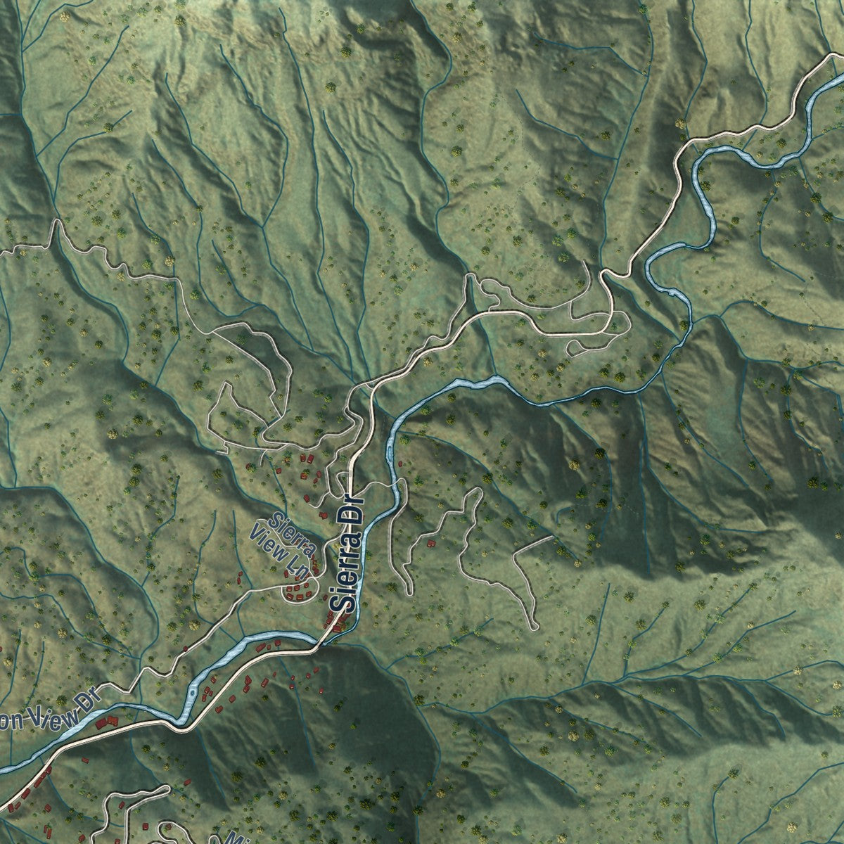 Second close-up of the map of Three Rivers, California print showing more streets and buildings