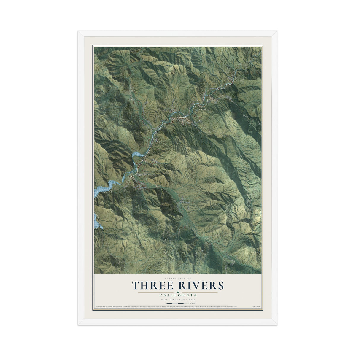 Map of Three Rivers, California, 12 x 18 inch print in a white wood frame