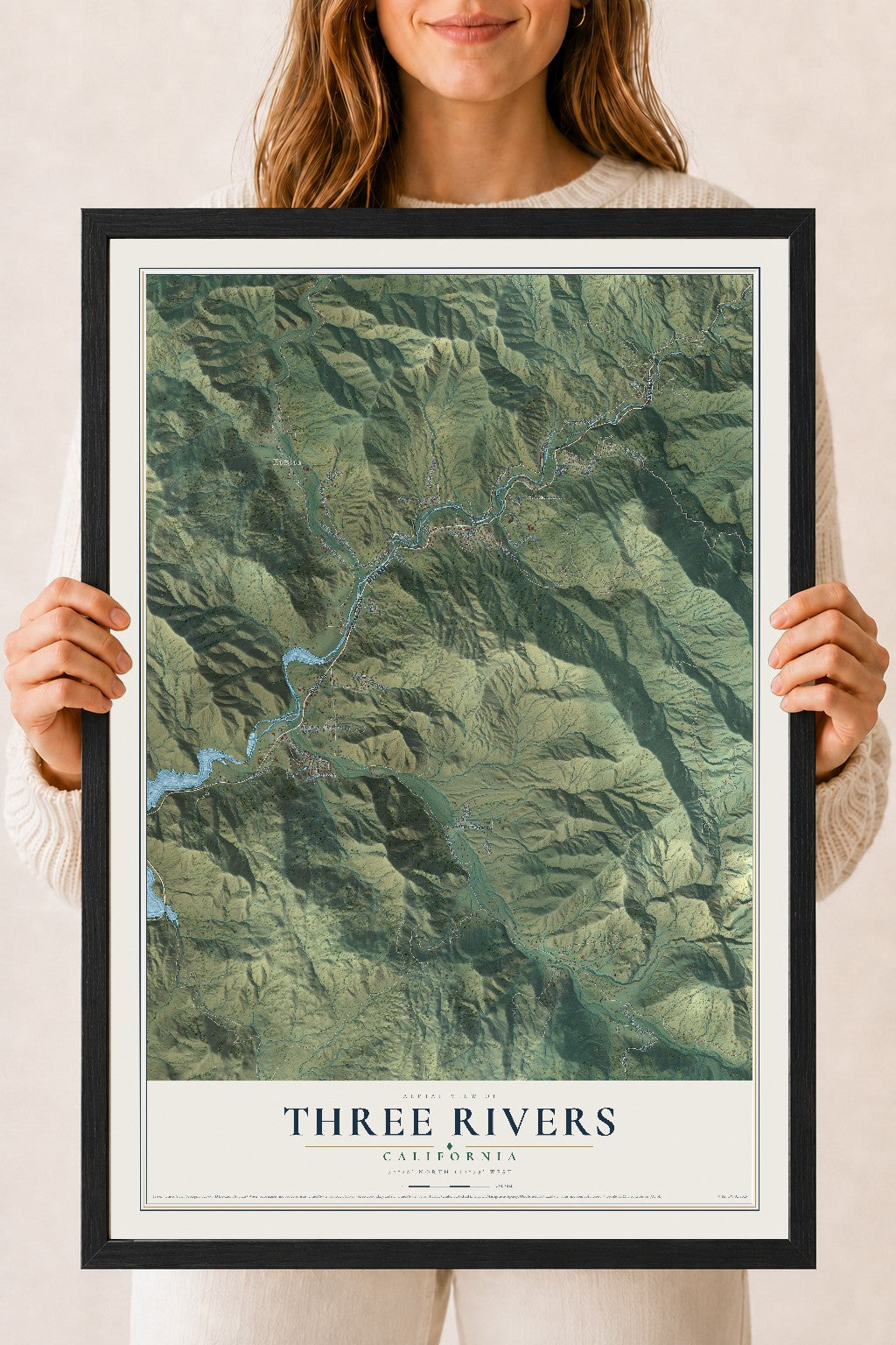 Map of Three Rivers, California, 18 x 24 inch print in a black wood frame