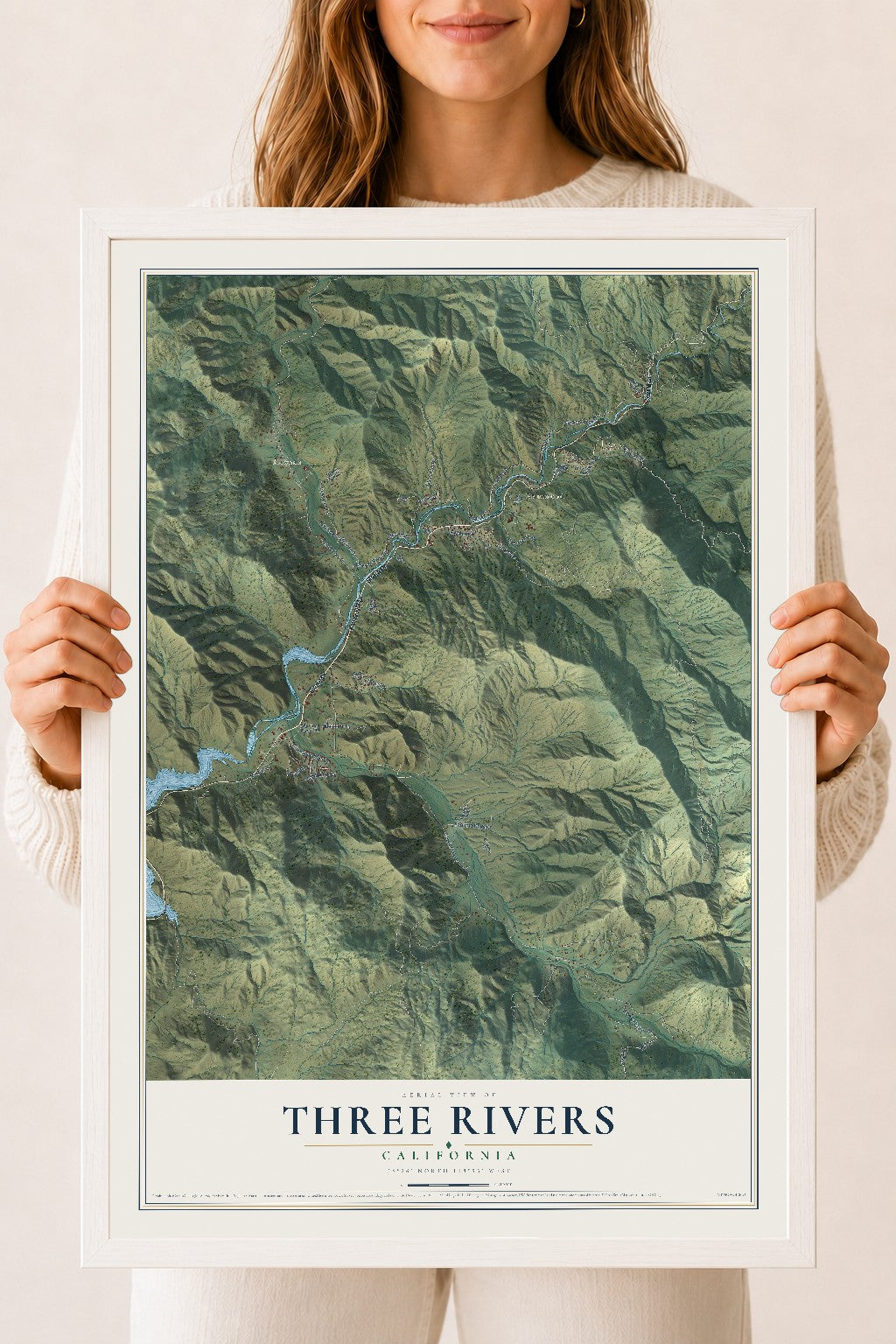 Map of Three Rivers, California, 18 x 24 inch print in a white wood frame