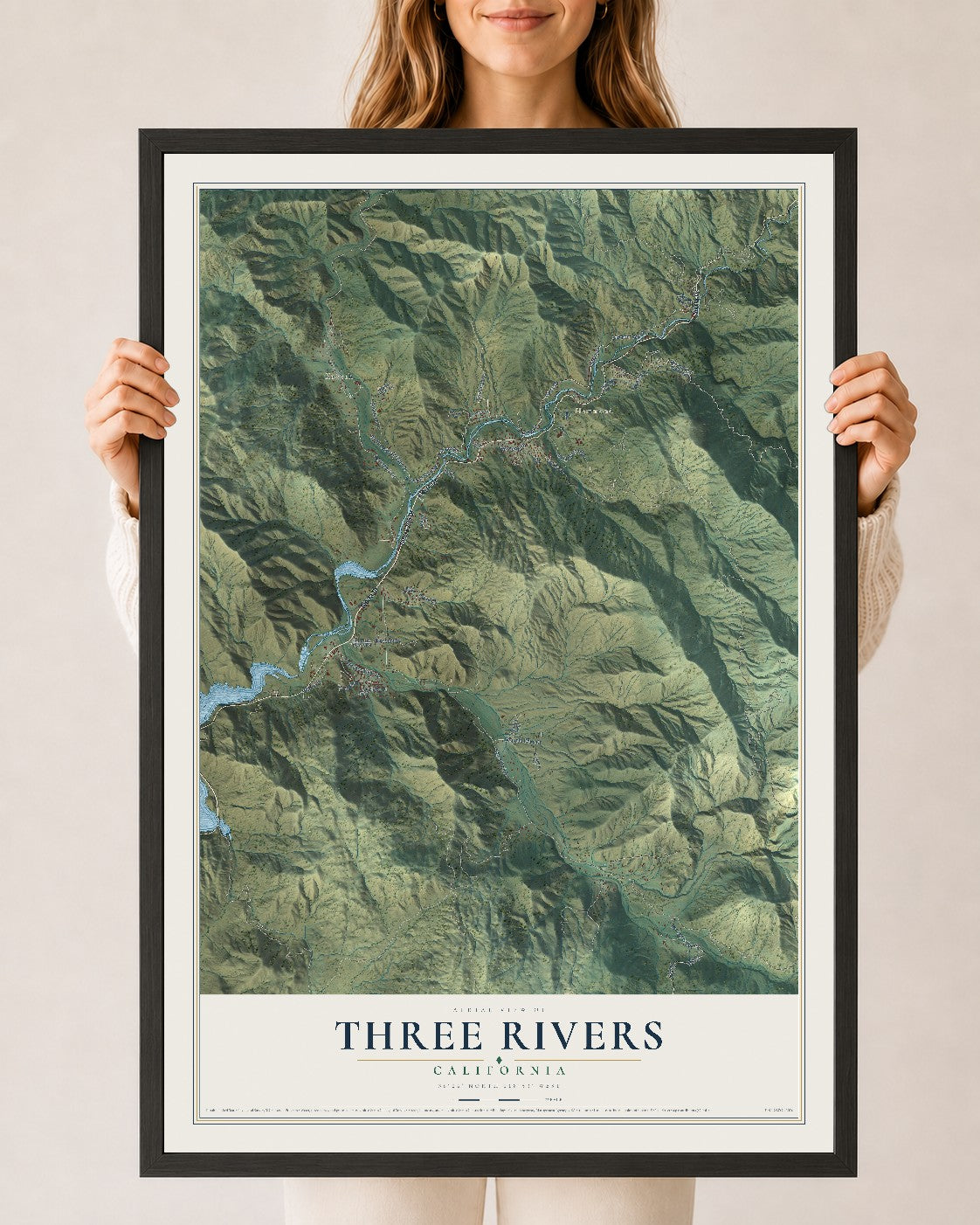 Map of Three Rivers, California, 24 x 36 inch print in a black wood frame