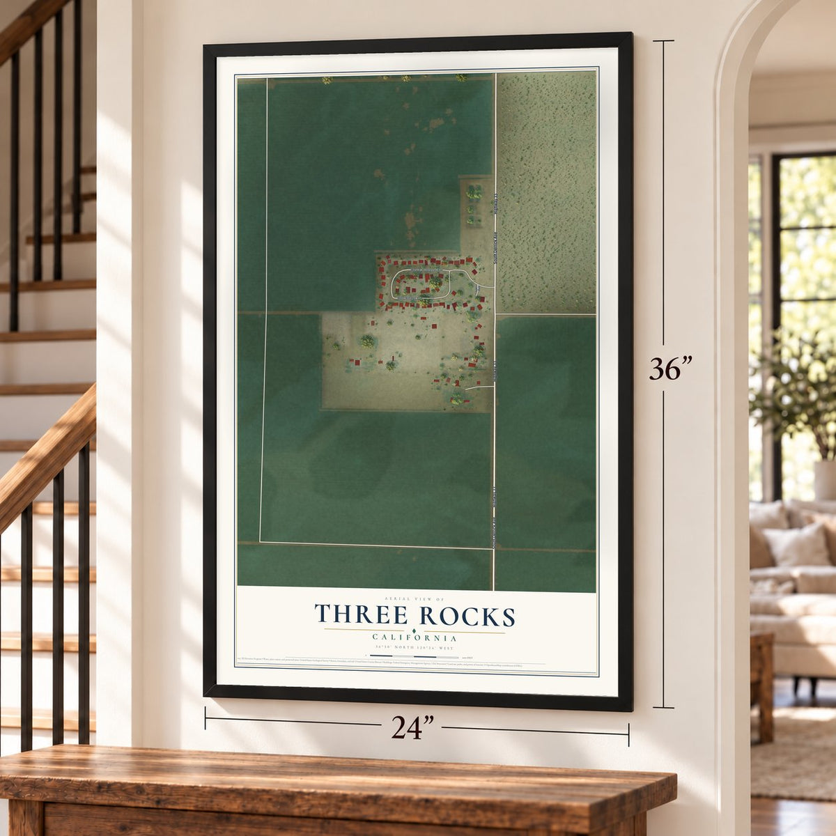 Three Rocks, California map, 24 x 36 inch print in a black frame by a staircase