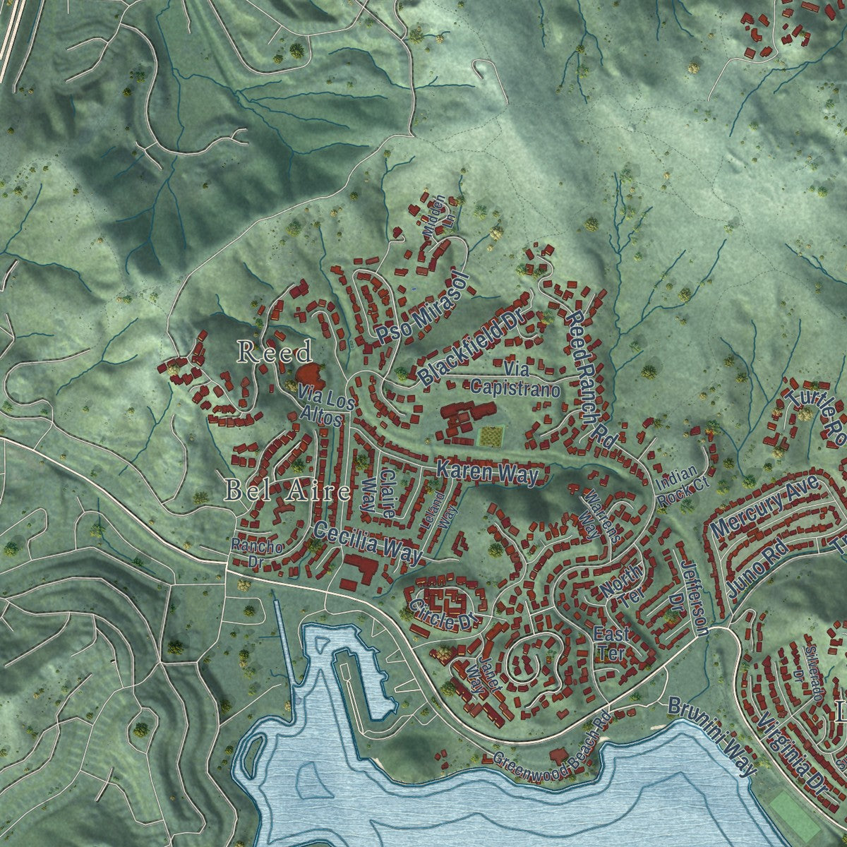 Second close-up of the map of Tiburon, California print showing more streets and buildings
