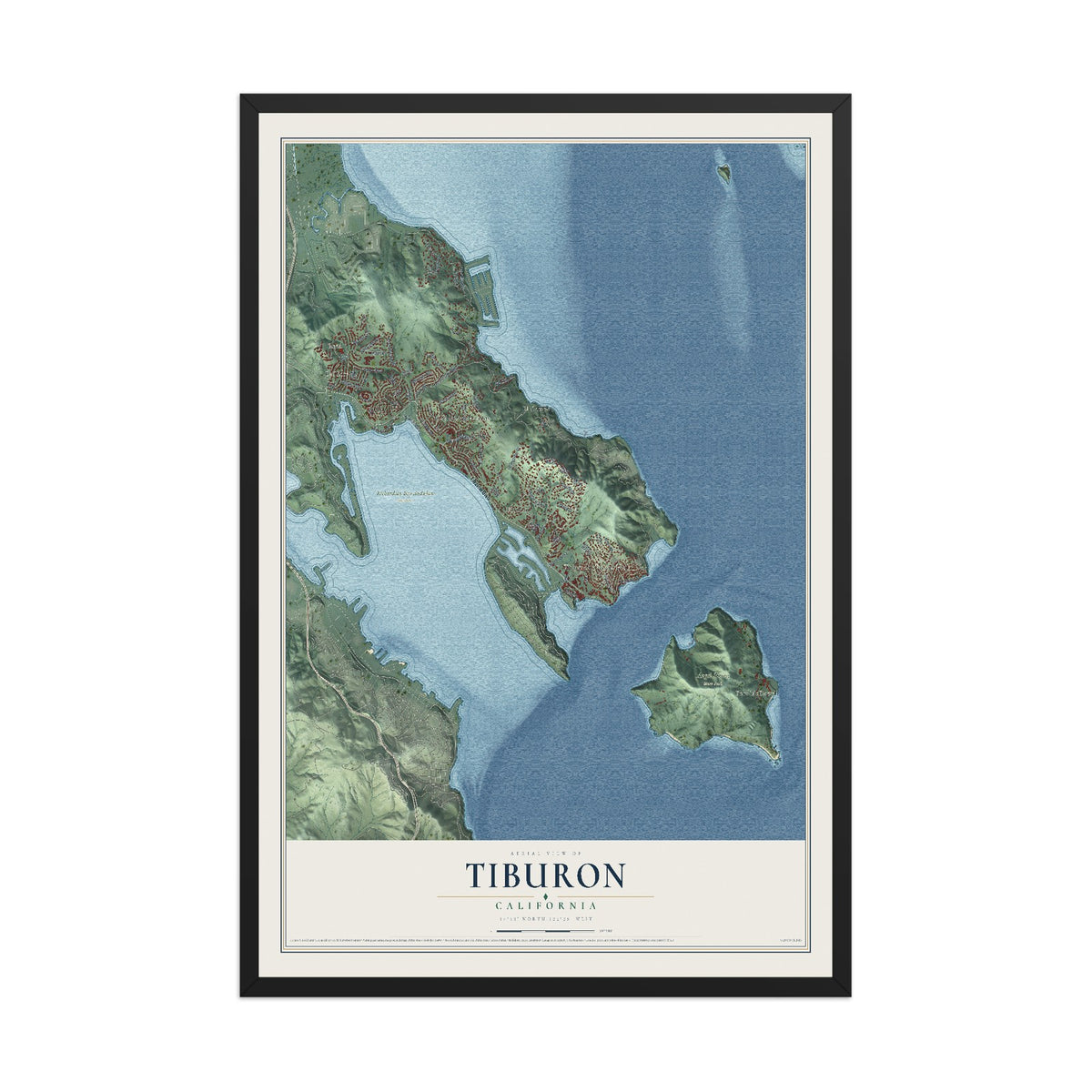 Map of Tiburon, California, 12 x 18 inch print in a black wood frame
