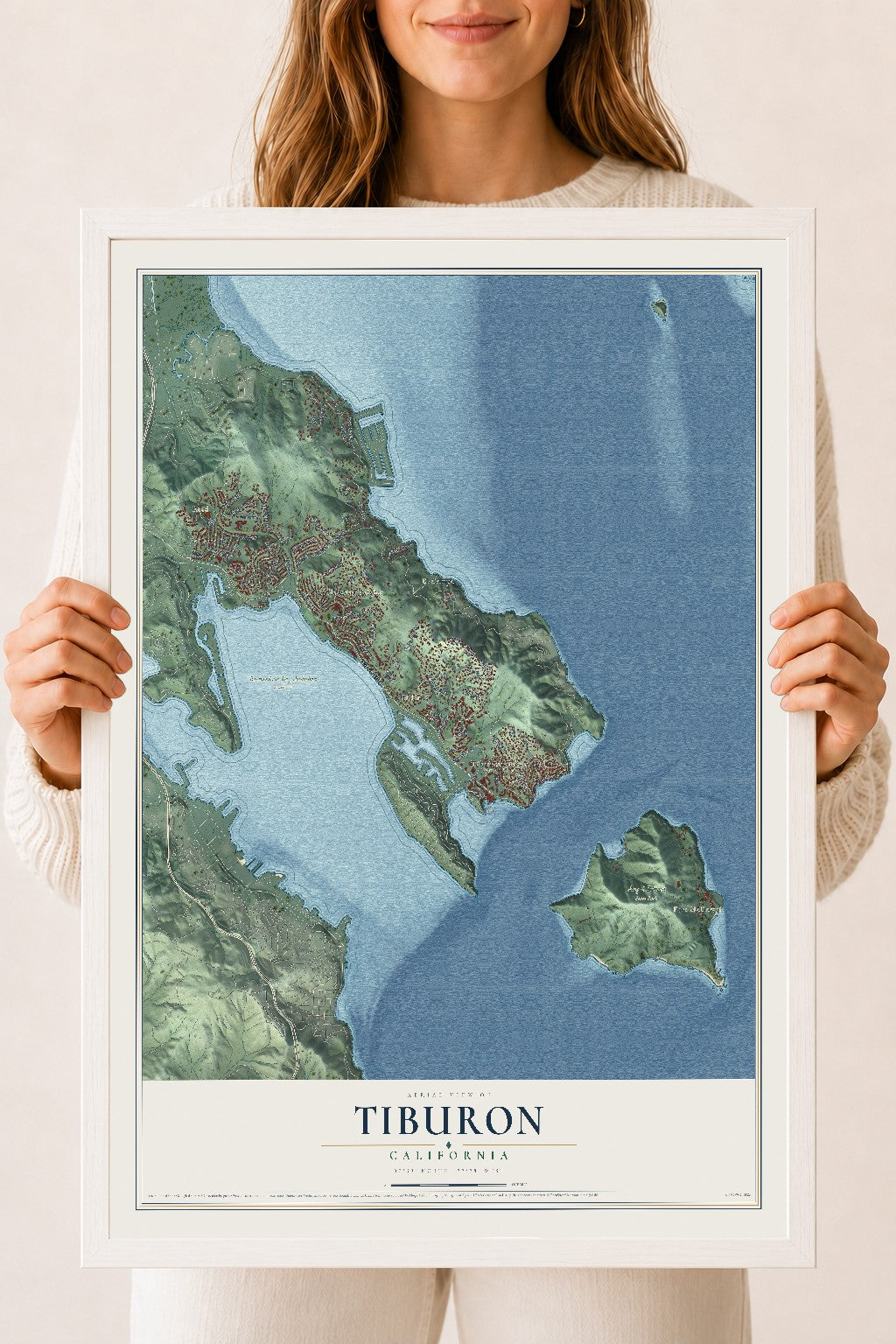 Map of Tiburon, California, 18 x 24 inch print in a white wood frame