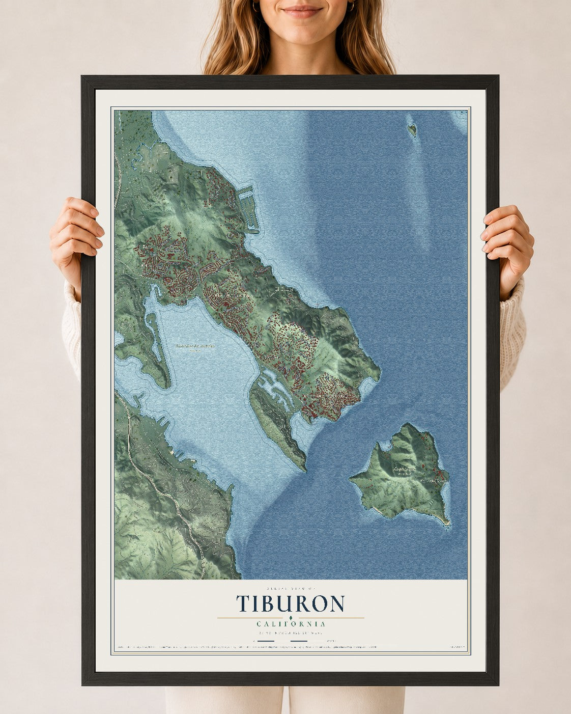 Map of Tiburon, California, 24 x 36 inch print in a black wood frame