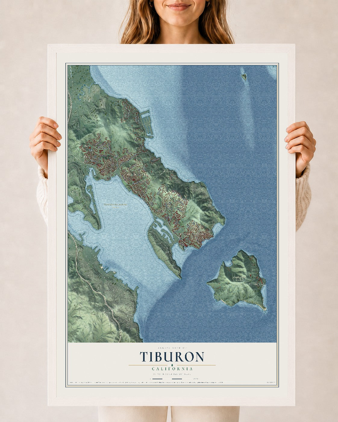 Map of Tiburon, California, 24 x 36 inch print in a white wood frame