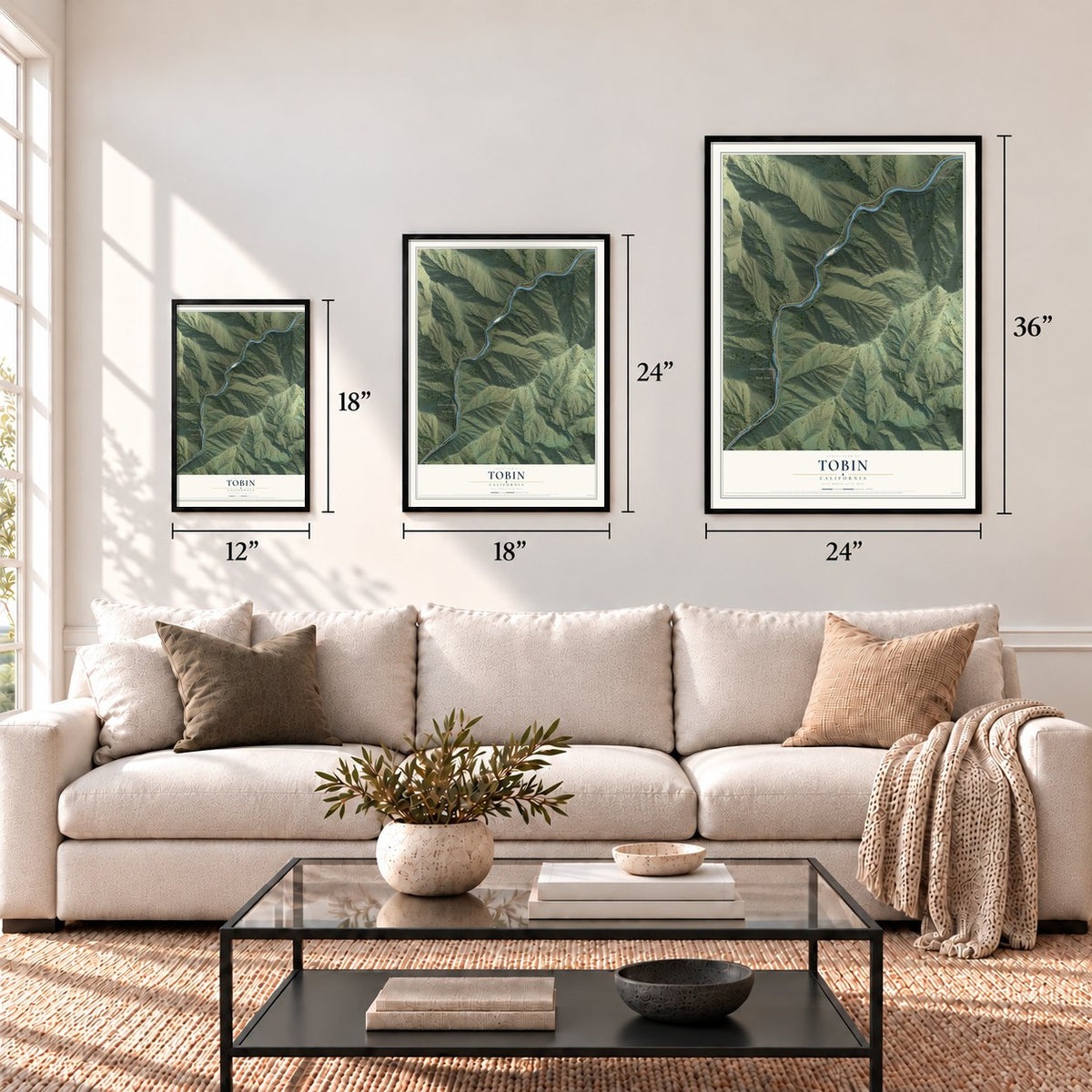 Tobin, California map in 12 x 18, 18 x 24 and 24 x 36 inch sizes above a sofa