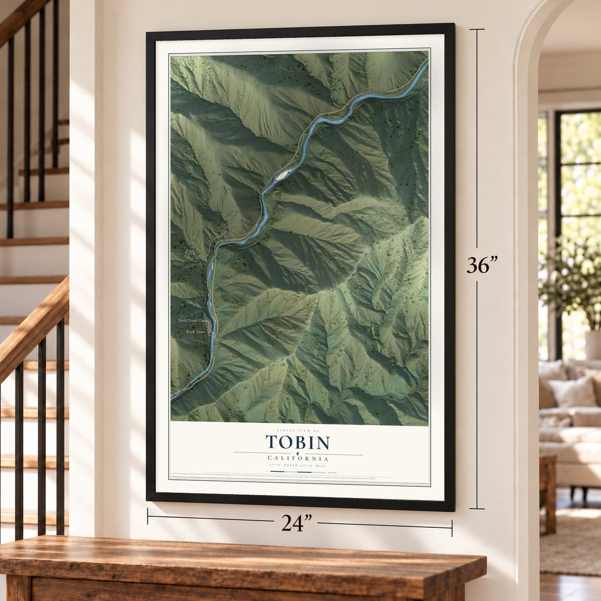 Tobin, California map, 24 x 36 inch print in a black frame by a staircase