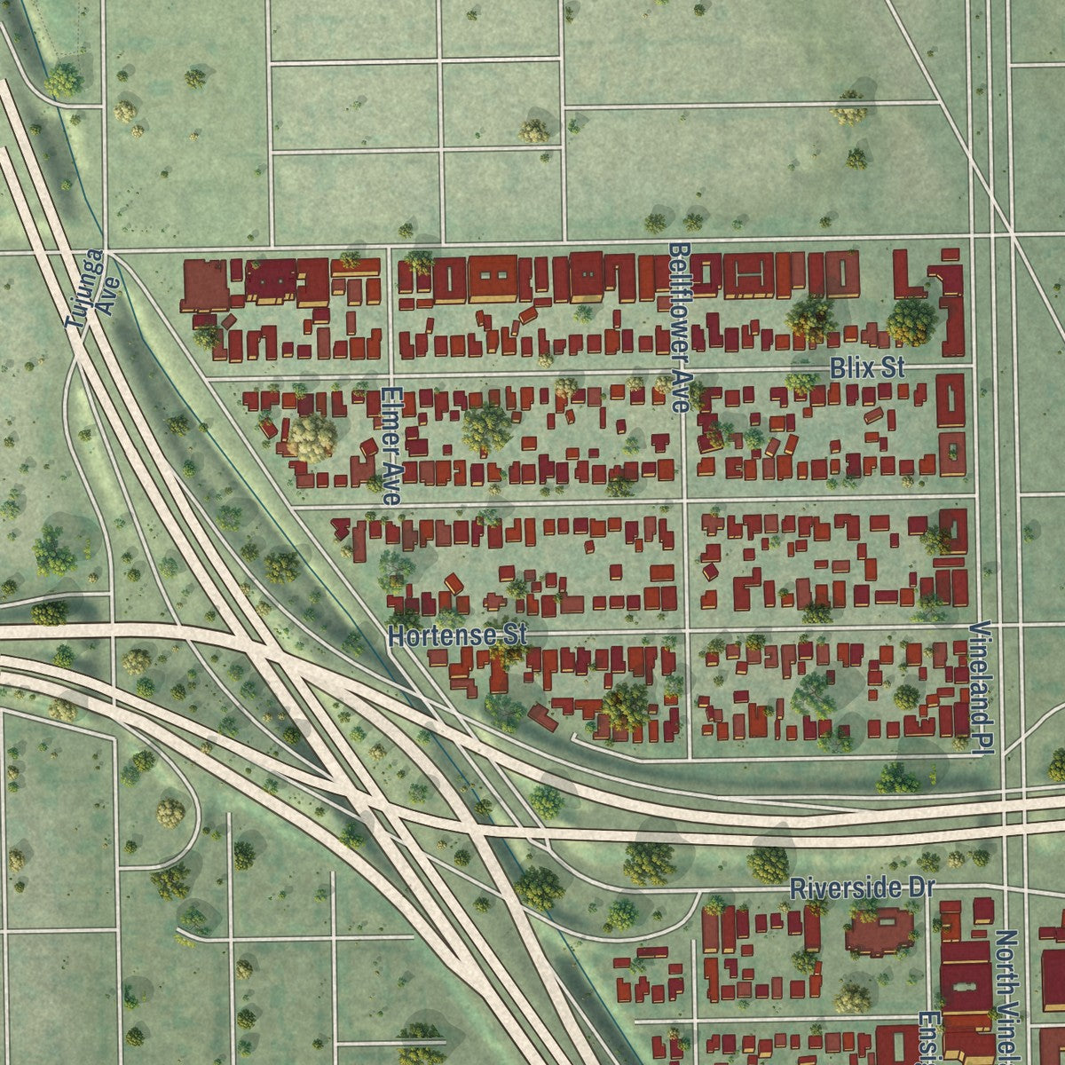 Second close-up of the map of Toluca Lake, California print showing more streets and buildings
