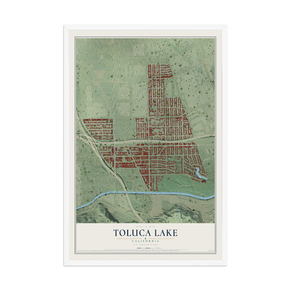 Map of Toluca Lake, California, 12 x 18 inch print in a white wood frame