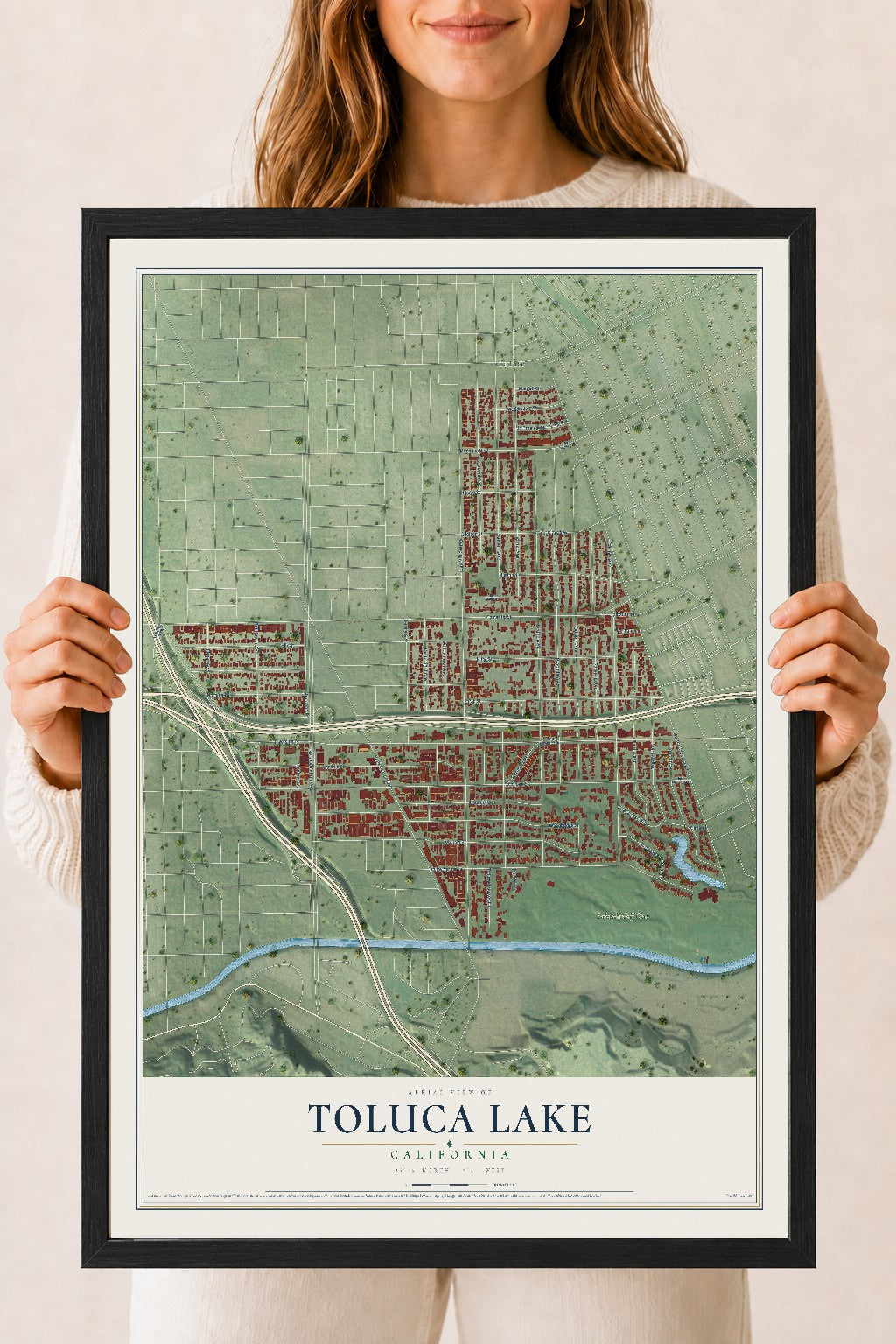 Map of Toluca Lake, California, 18 x 24 inch print in a black wood frame